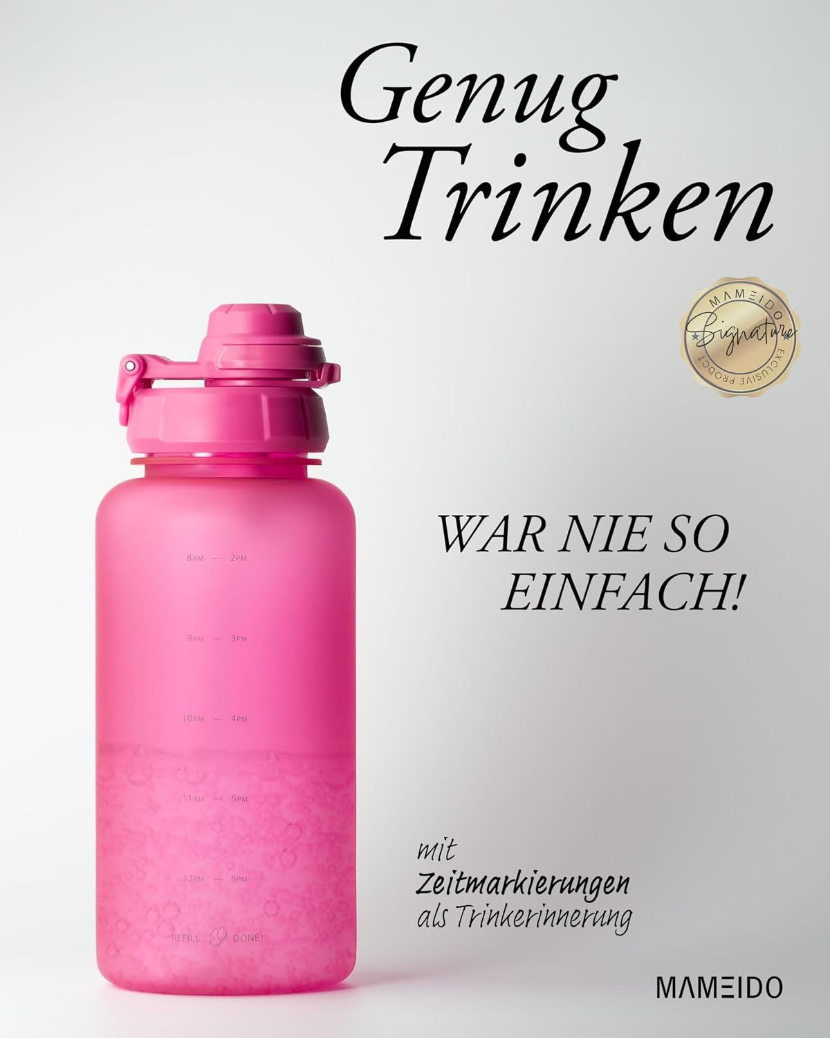 Detalle 2 de MAMEIDO Trinkflasche mit Strohhalm, Zeitmarkierung und Tritan – auslaufsicher, BPA-frei, 1 l