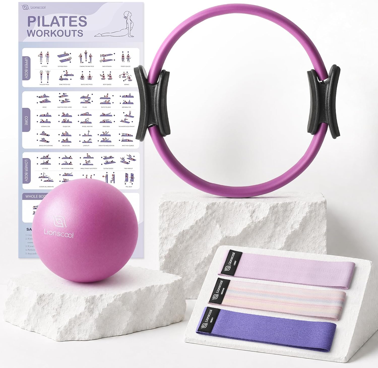 Thumbnail 5 de LIONSCOOL Pilates Ring Set – 14" Anti-Deformation Circle with Padded Handles, Mini Ball, Resistance Bands, Guide & Bag