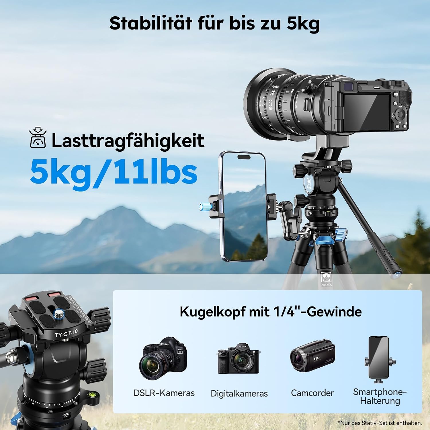 Detalle 2 de Sirui AM-223L+AT-10 Carbon Mini Video Stativ-Set mit Flüssigkopf