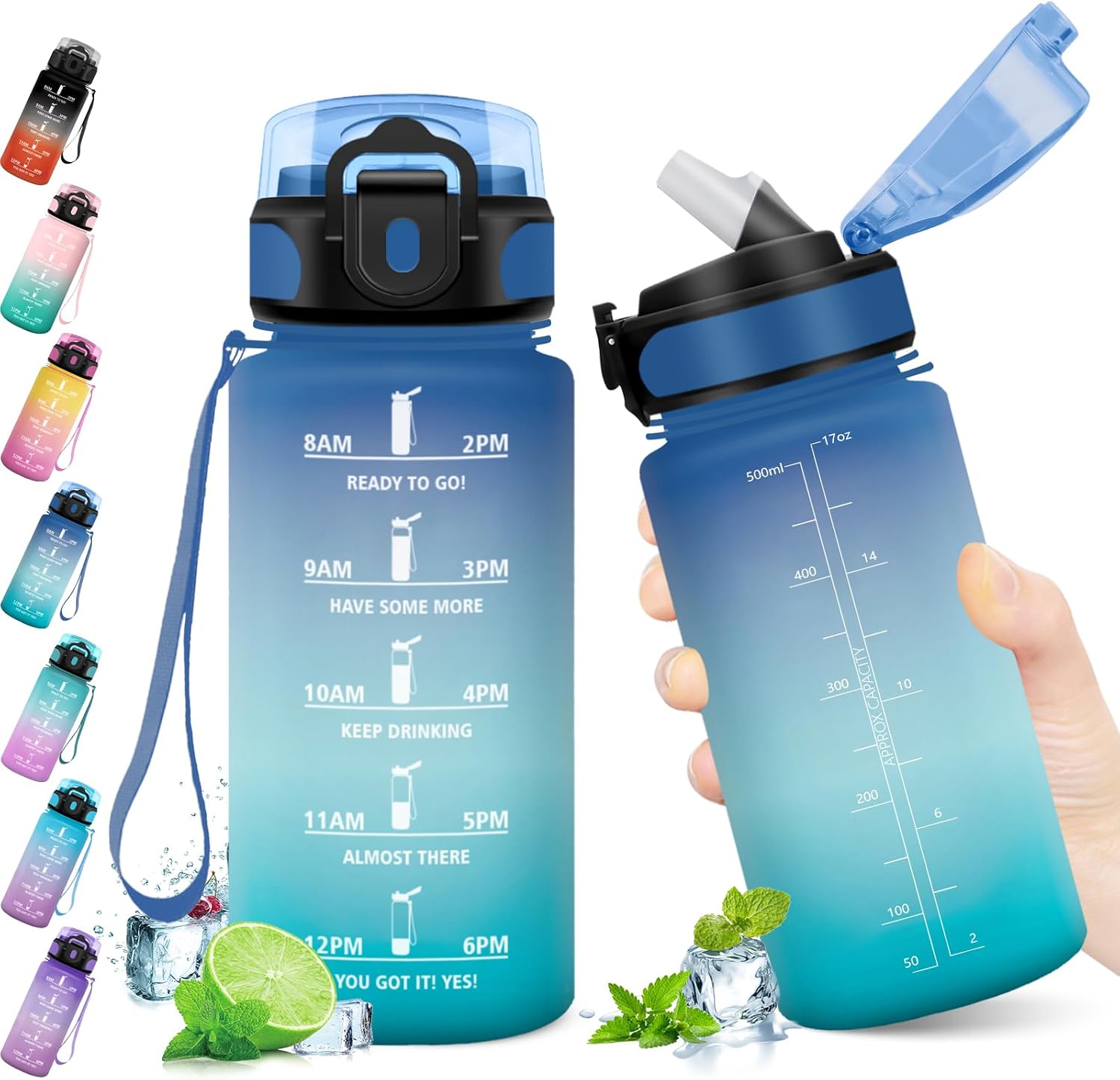 Detalle de KollyKolla TY-SYXZG-500ML-JB-Blue-Green – butelka sportowa 500 ml ze słomką i znacznikiem czasu