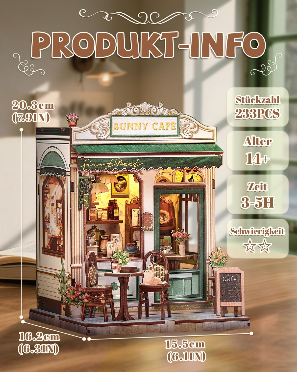 Thumbnail 2 de Cutefun Book Nook Kit Sunny Cafe — kit DIY de maison miniature en bois à monter, puzzle 3D avec LED