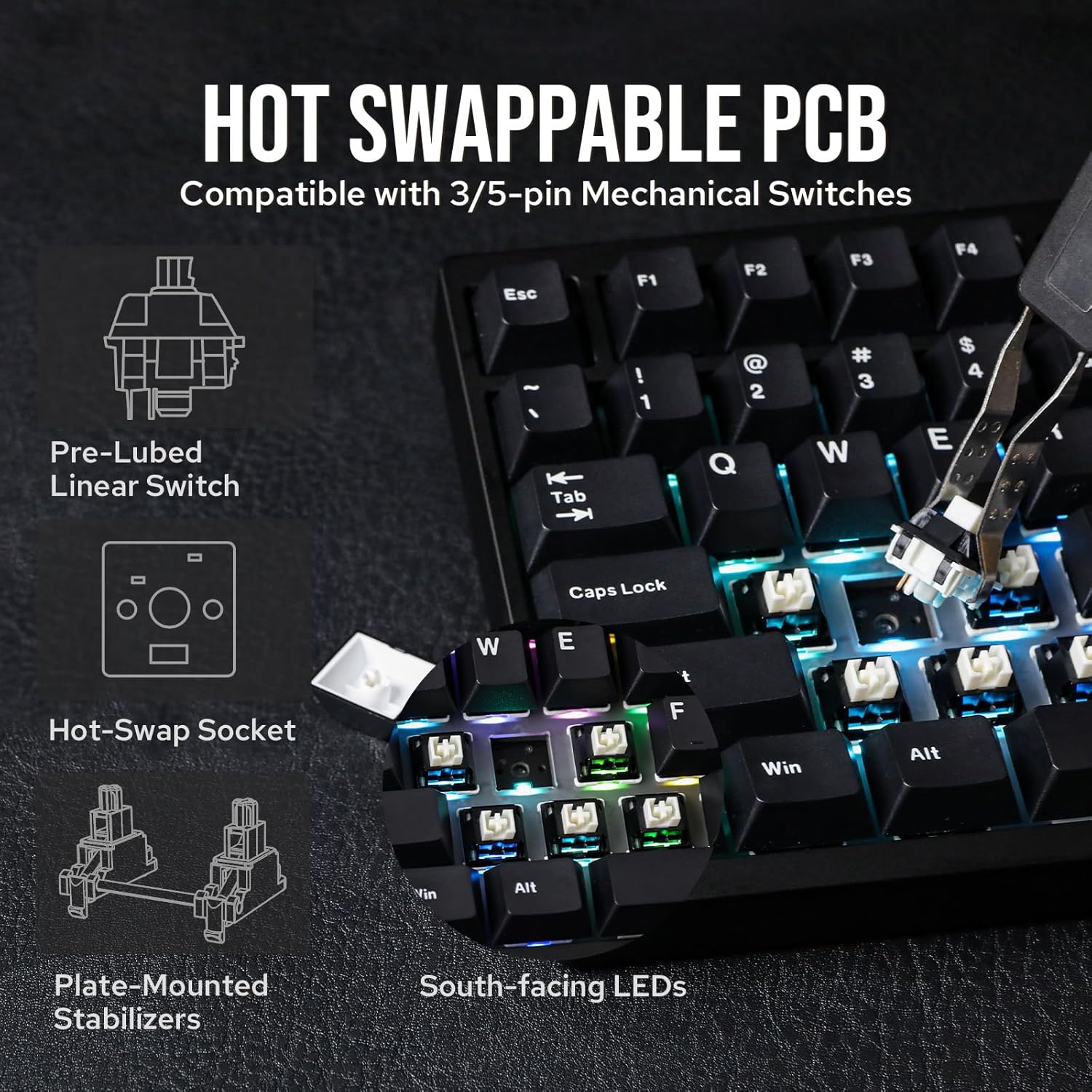 Thumbnail 6 de EPOMAKER P87 TKL Aluminum Wireless Mechanical Keyboard (QMK/VIA, metal knob) – Black with Wisteria Linear