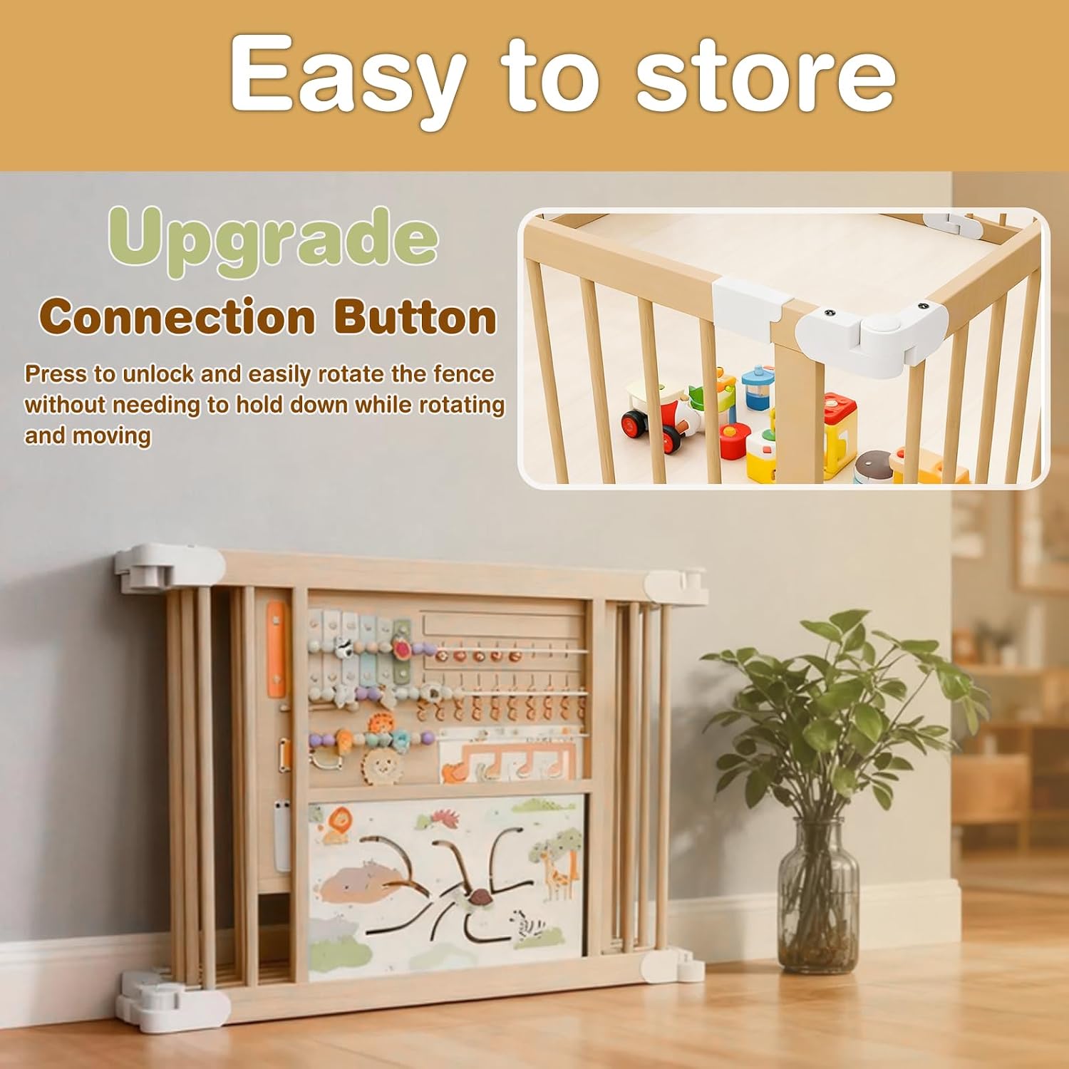 Thumbnail 6 de 63" × 63" Foldable Wooden Baby Playpen with Activity Boards and 11 Toys