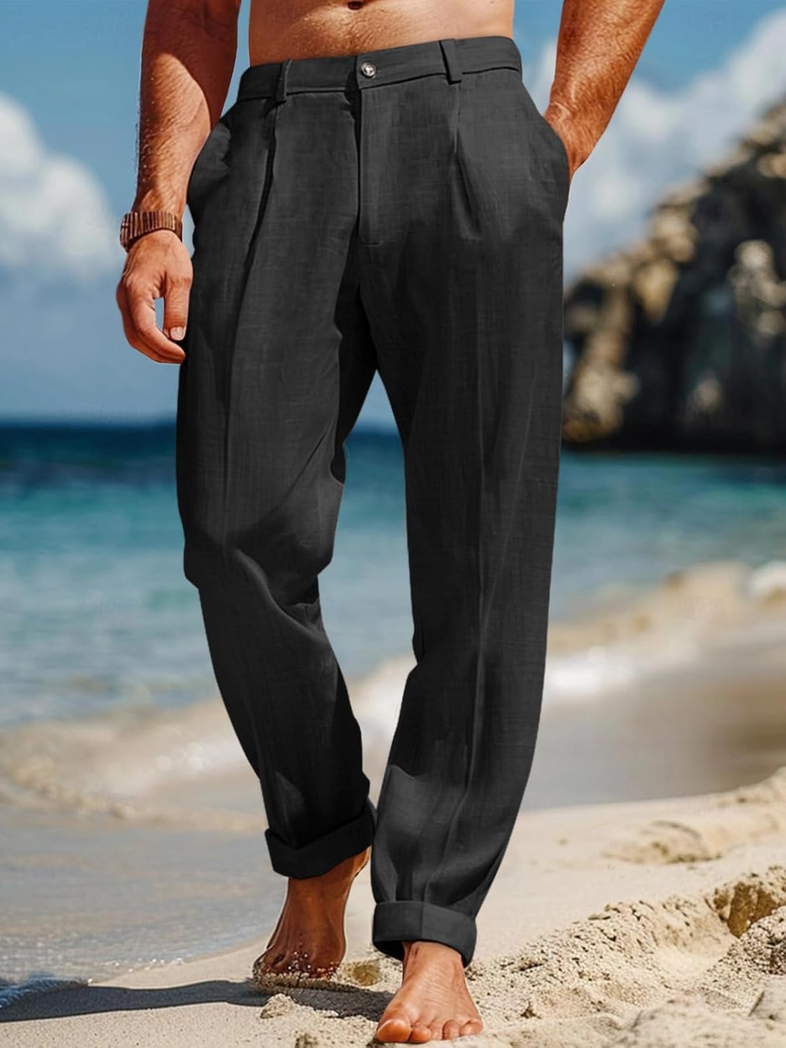 Thumbnail 1 de Runcati Men's Casual Pants with Elastic Waist – Lightweight Loose Fit Pleated Slacks