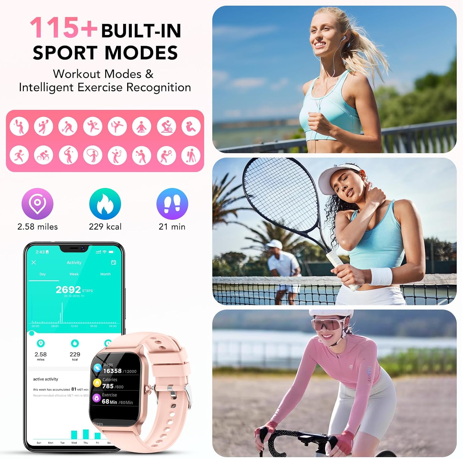 Detalle 2 de Reloj Inteligente CASCHO para Mujer y Hombre, 1.85" HD, Llamadas y Asistente de Voz IA, 115+ Modos Deportivos, IP68 Rosa