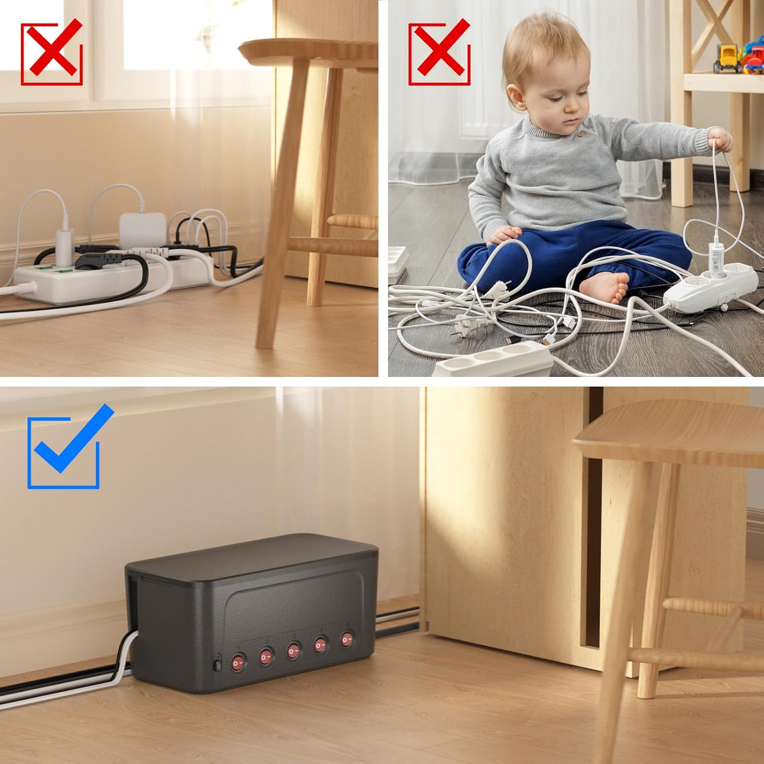 Thumbnail 5 de Kabelbox mit Steckdosenleiste (Überspannungsschutz) und 5 einzeln schaltbaren Steckdosen + 4 USB, schwarz – mit Kabelmanagement