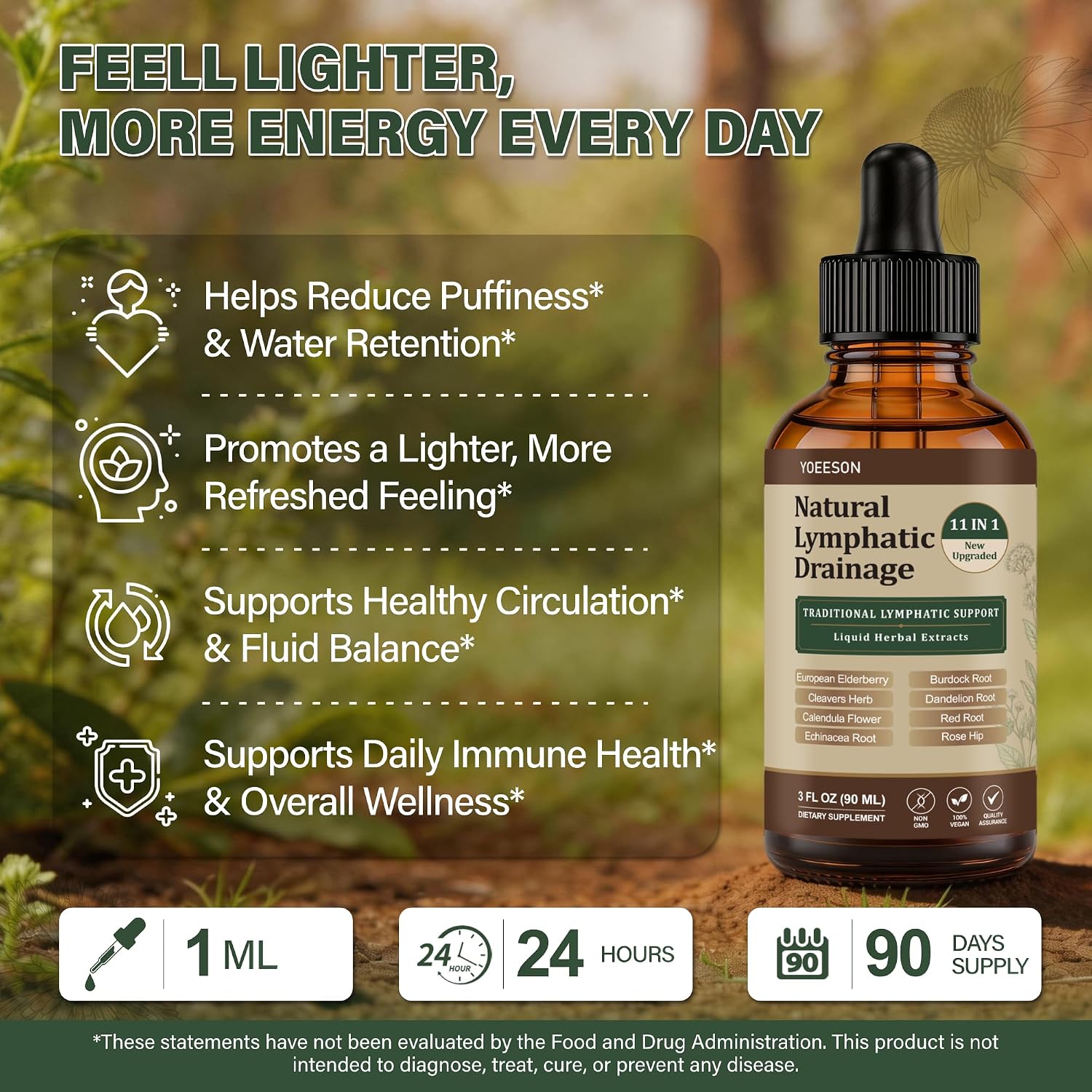 Detalle 1 de Yoeeson Lymphatic Drainage Drops, Alcohol-Free Vegan 11-Herb Supplement