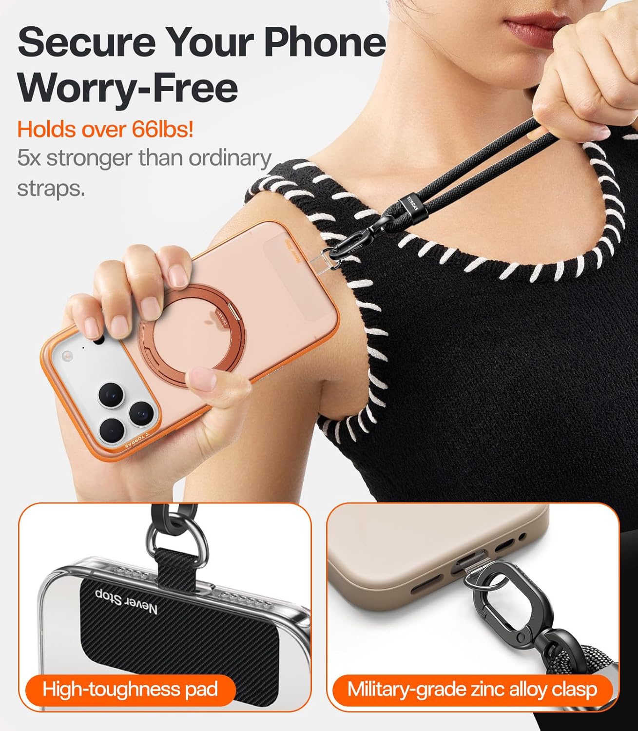 Thumbnail 3 de TORRAS Phone Lanyard Crossbody with 2 Phone Tabs and Anti-Theft Adjustable Strap (Beige)