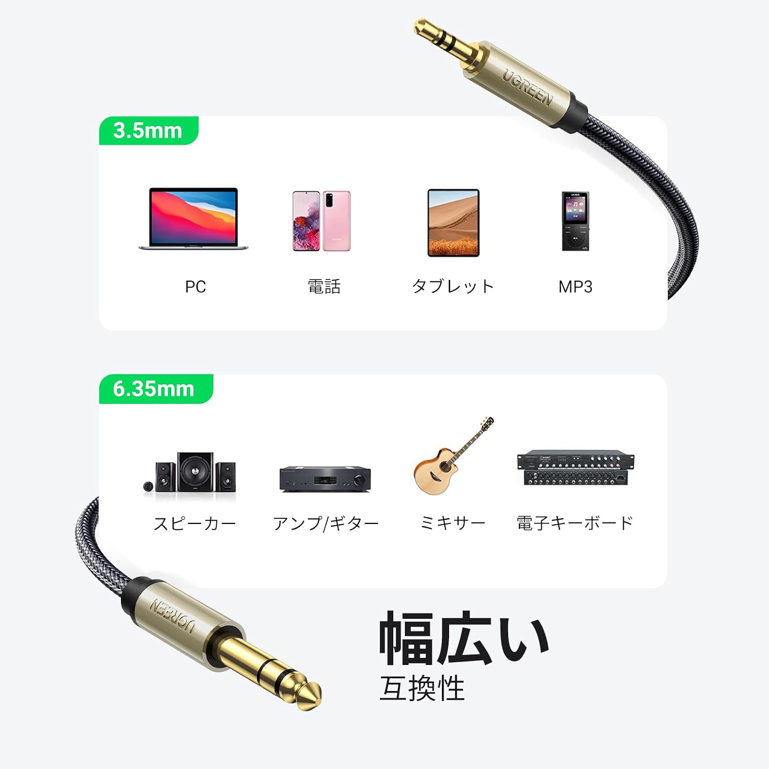 Detalle 2 de UGREEN 3.5mm to 6.35mm オーディオ変換ケーブル 2m・編組仕様