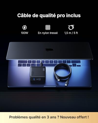 Detalle de INIU 100W Chargeur USB-C à 3 ports avec câble inclus – rapide, compact et sûr