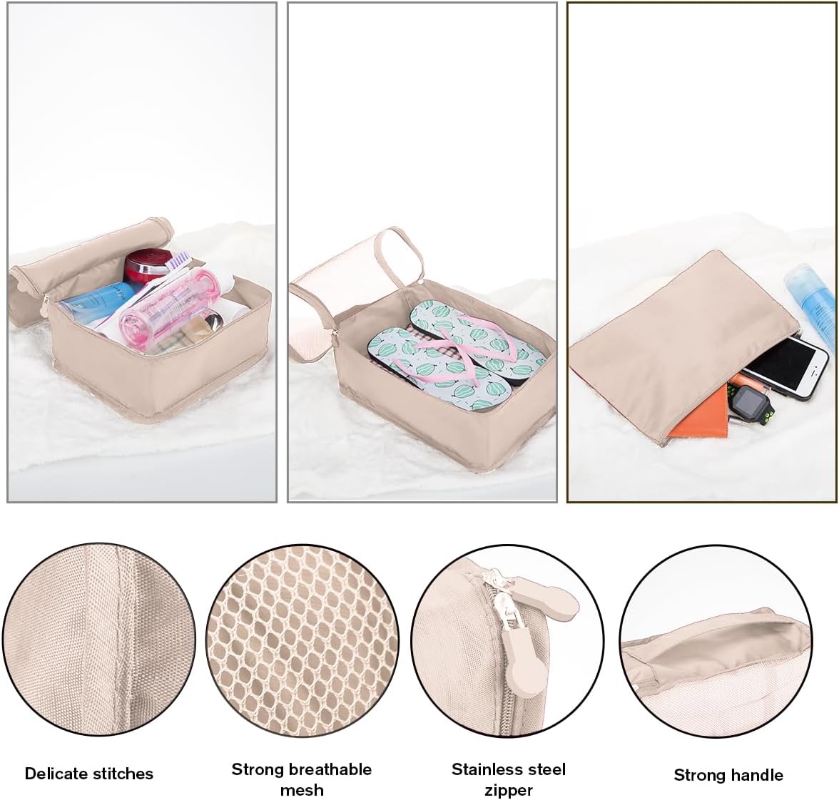 Detalle 2 de 12 PCS Large Packing Cubes for Suitcases – Multisize Travel Organiser Set (Beige)