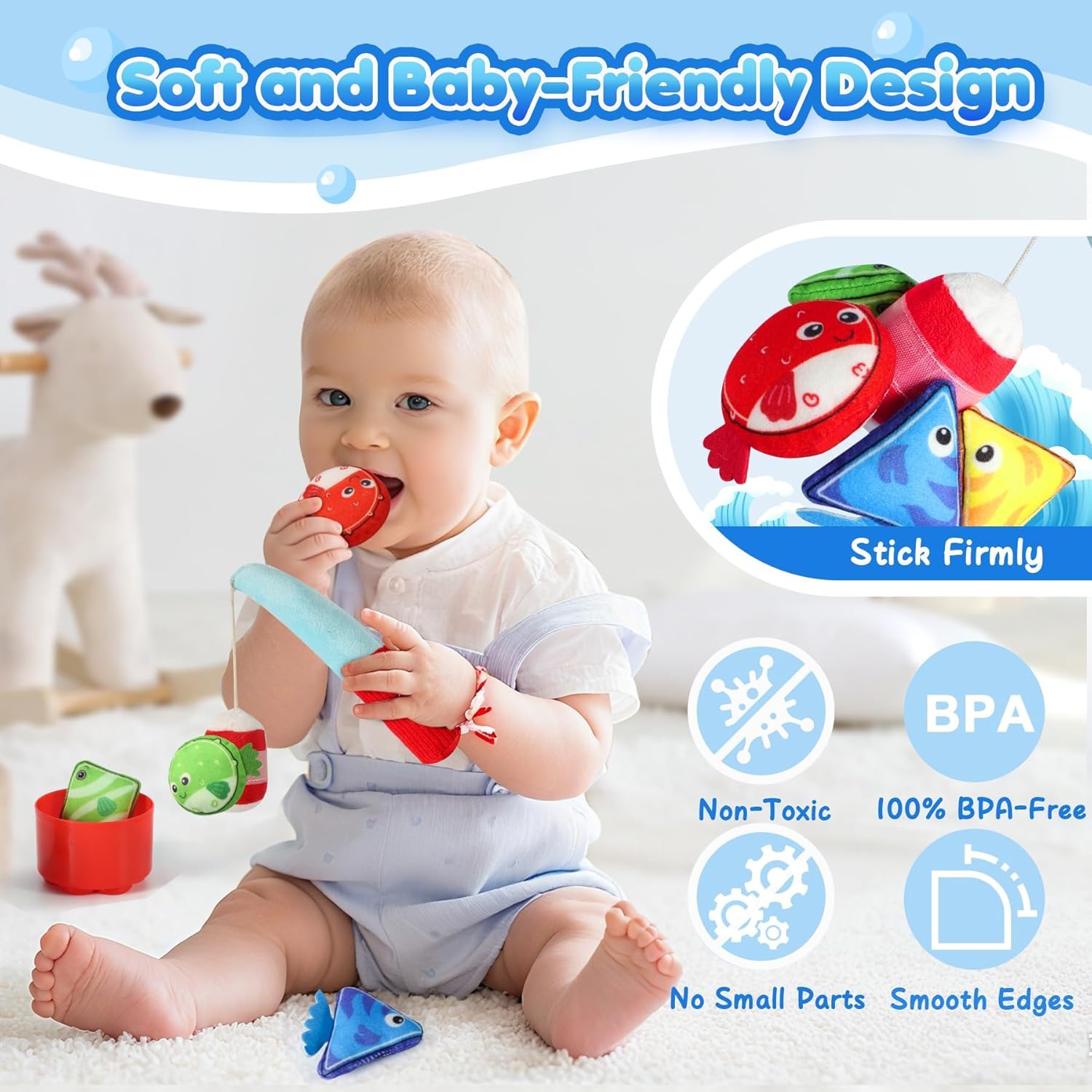 Detalle 2 de 17-Piece Montessori Fishing Game for 1-Year-Olds (Cloth Fishing Pole, Stacking Cups, Shape & Color Matching)