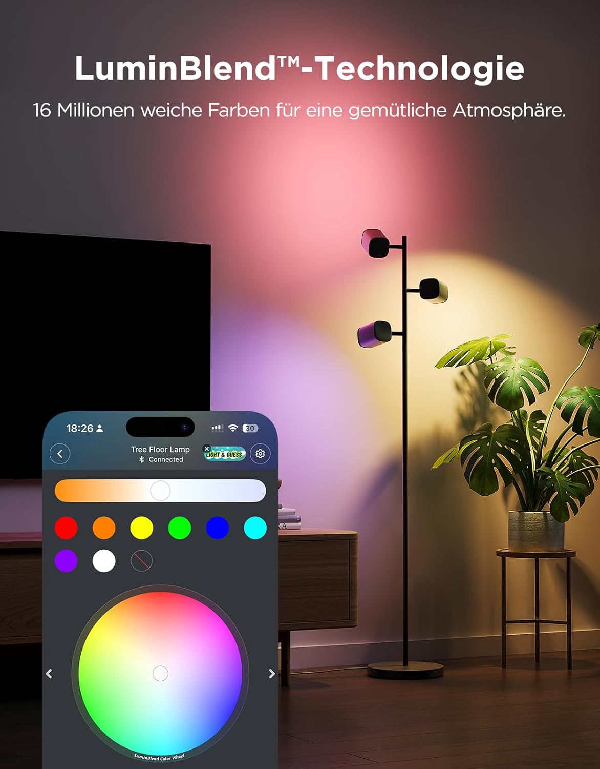 Thumbnail 3 de Govee 3-Flammen LED Stehlampe – RGBWW Fokus-Verstellbar, 1500 lm, Alexa/Matter kompatibel, 64 Szenen, Musiksync, 157 cm, Schwarz