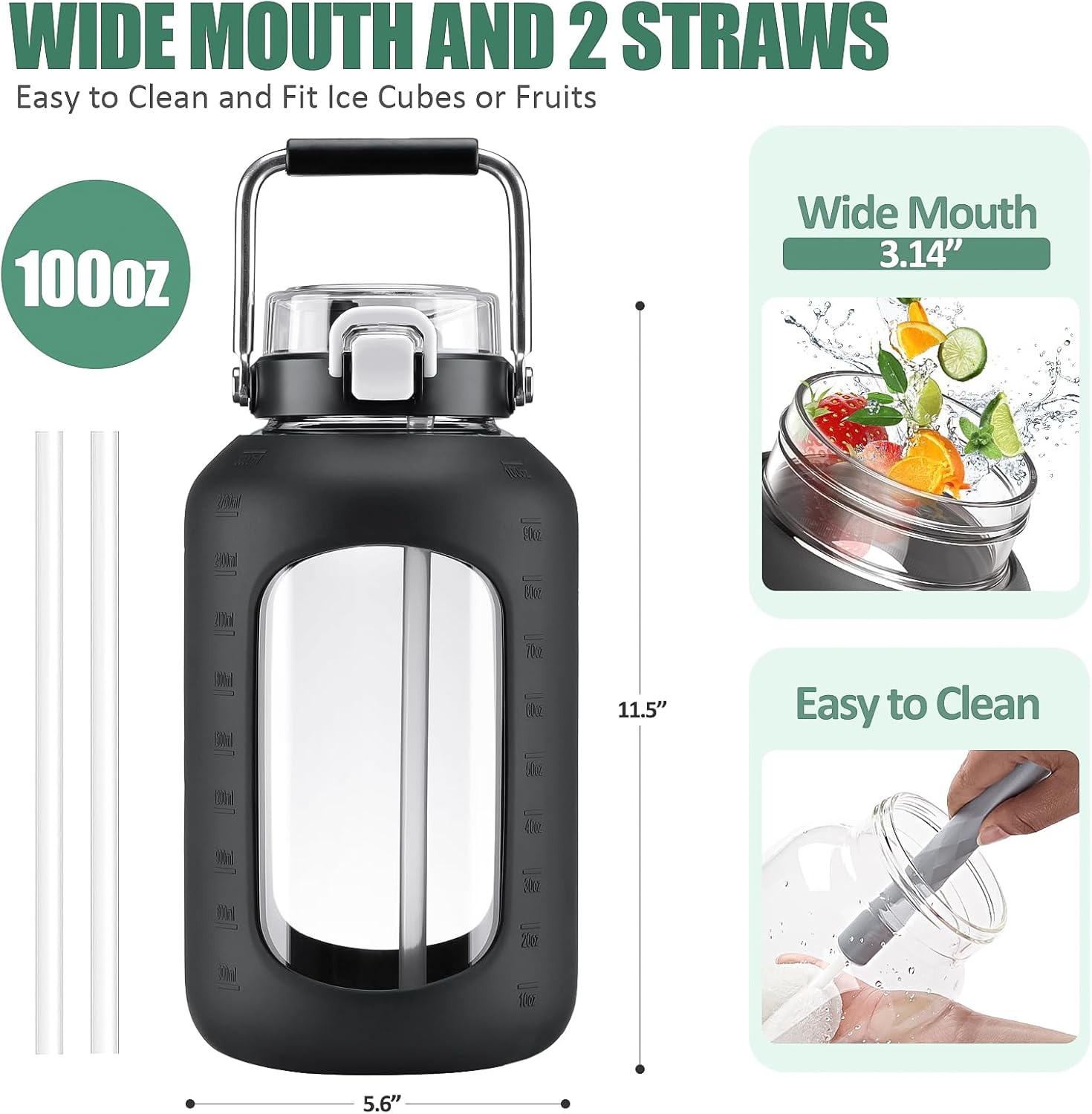 Thumbnail 1 de WINSA 100 oz Glass Water Bottle with 3 L Capacity, 2-in-1 Straw Lid & Stainless Steel Handle