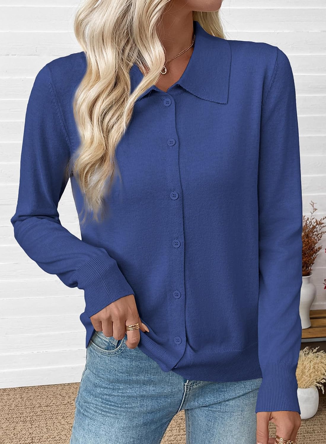 Detalle de EVALESS Women’s Wool-Blend Cardigan Sweater (Lightweight, Button-Down Lapel Collar)