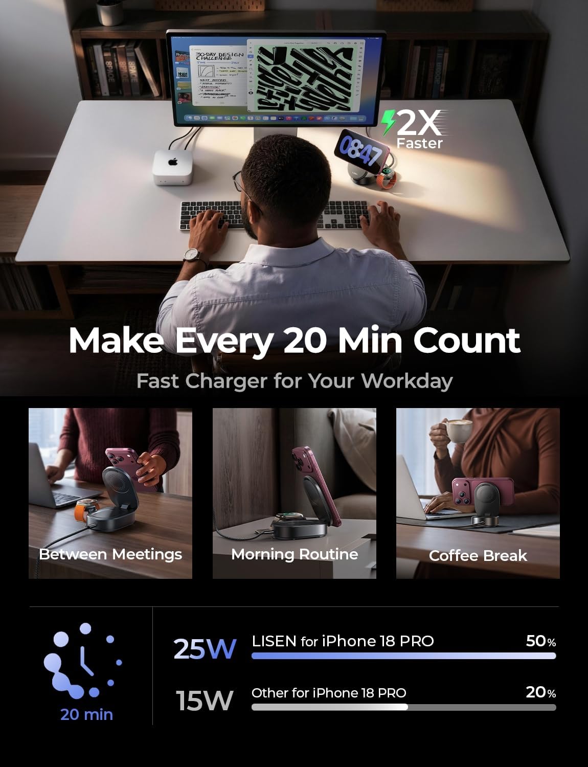 Detalle de LISEN 3-in-1 Ultra-Fast 25W Foldable Qi2.2 MagSafe Wireless Charging Stand