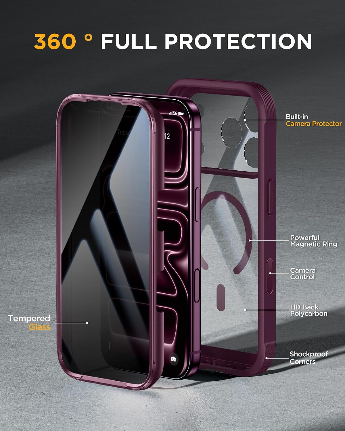 Thumbnail 3 de Miracase iPhone 18 Pro Max Case with Privacy Glass, MagSafe, Burgundy