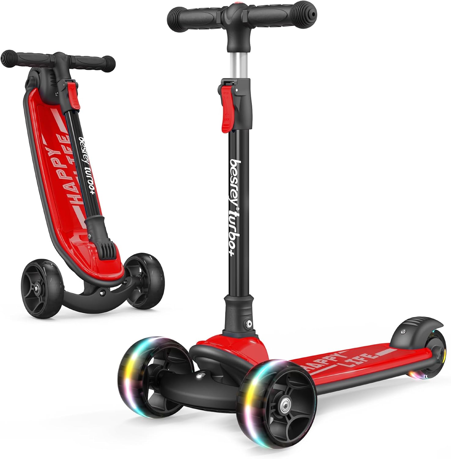 besrey Kinder-Scooter Big Wheels – Faltbarer Tretroller mit LED-Lichtern, 4-stufig höhenverstellbar