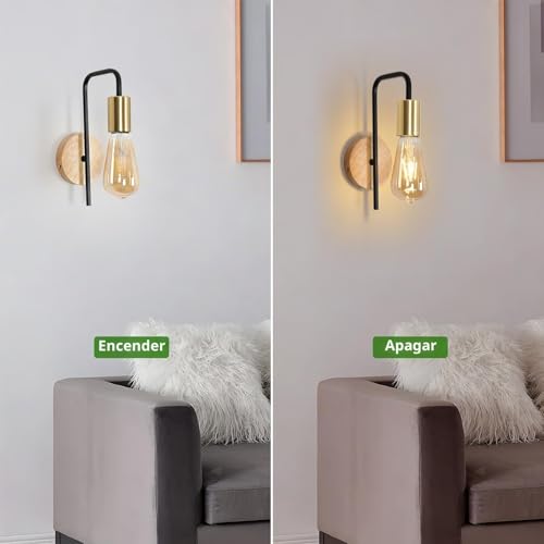 Detalle de Osairous Apliques de Pared 2 Packs: Lámpara Industrial Vintage con Base de Madera y Cuerpo en Acero para Interior