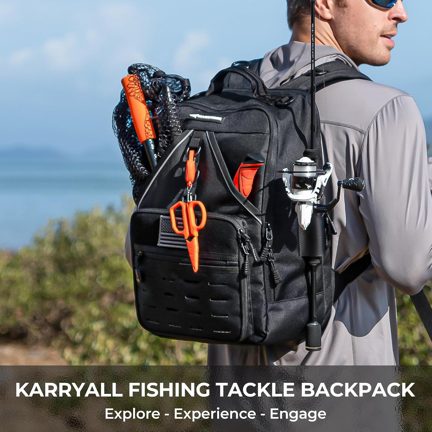 Detalle de KastKing KarryAll Fishing Tackle Backpack with Rod Holder and 4 Tackle Boxes