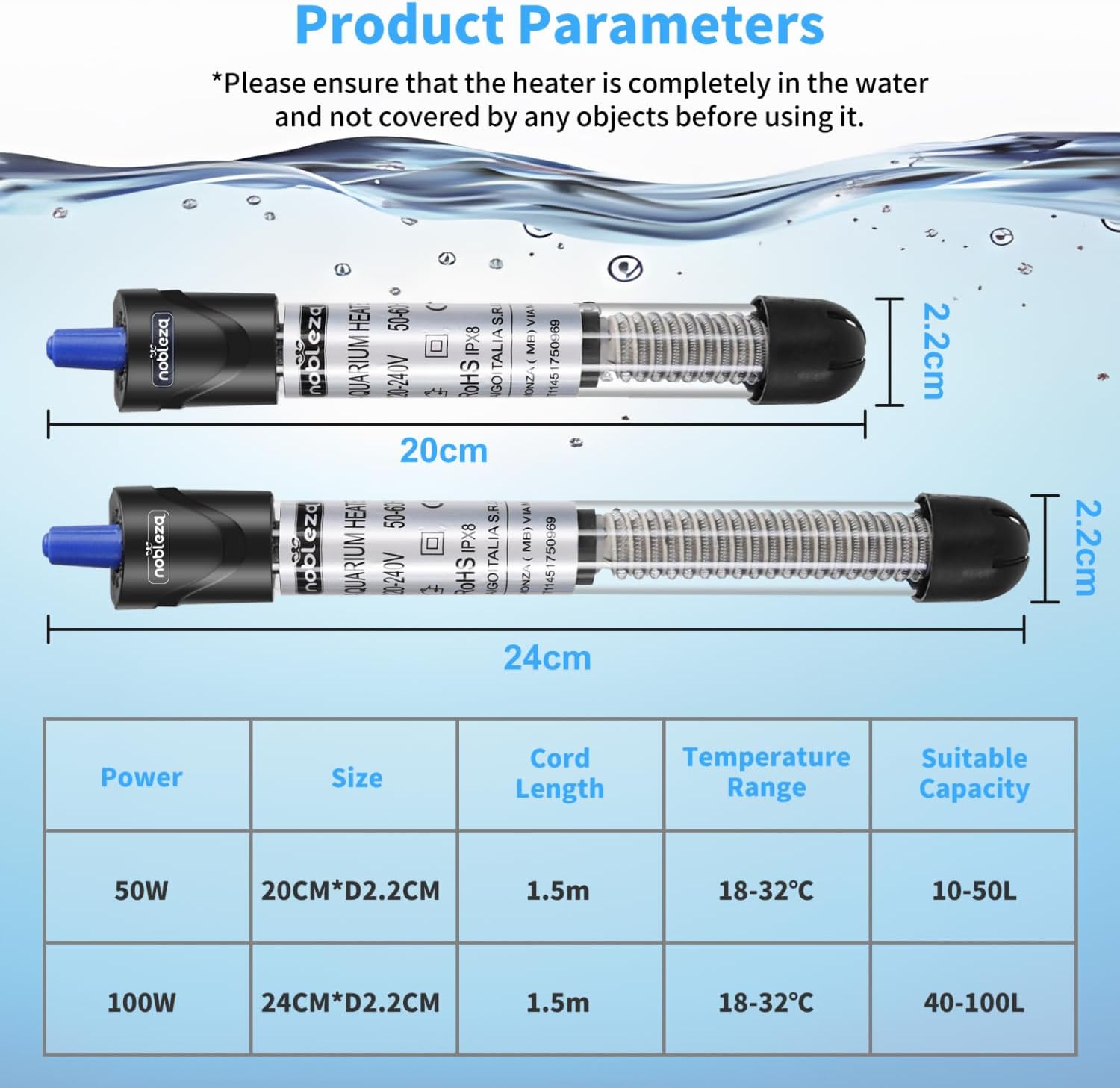 Thumbnail 6 de Riscaldatore per acquario Nobleza 100W per vasche 30-100L, termostato regolabile con display (18–32°C)