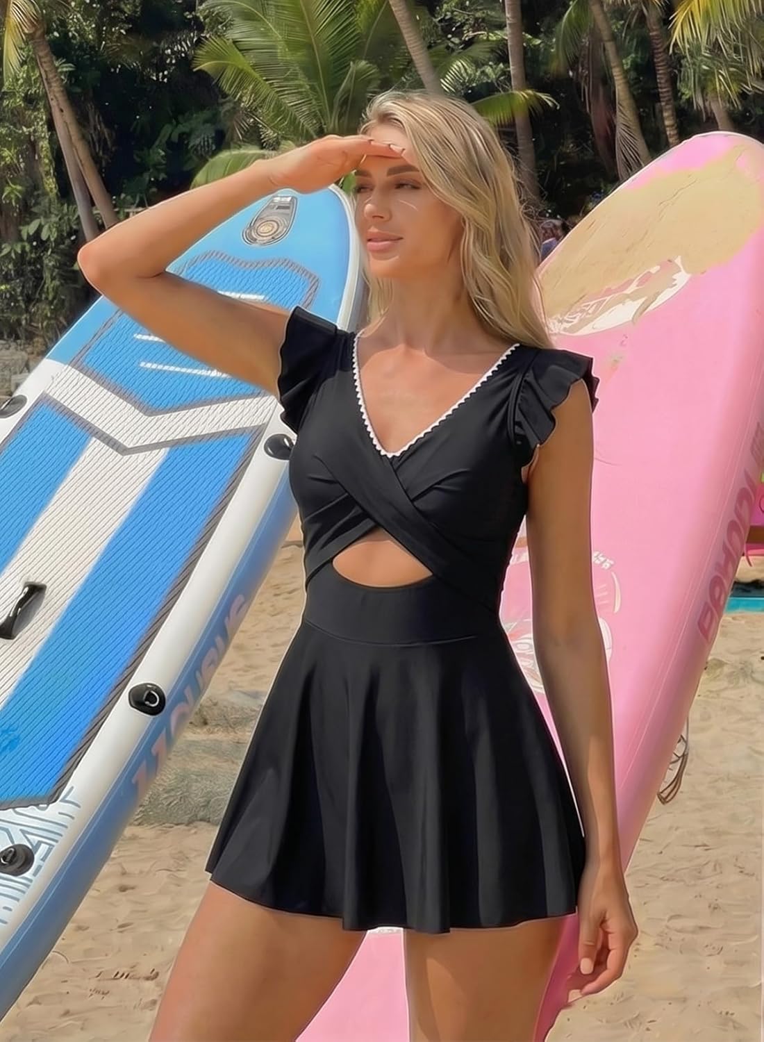 Detalle de Aleumdr Women’s One-Piece Swimsuit Swimdress with Tummy Control, V Neck Wrap & Ruffle Sleeves