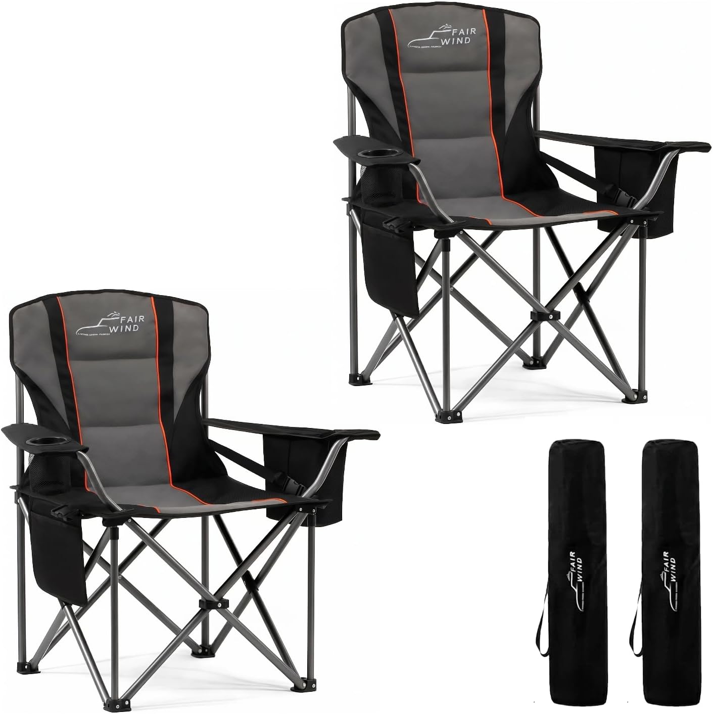 FAIR WIND 2-Pack Fully Padded Oversized Camping Chairs with Adjustable Lumbar Support, Cooler Bag & Cup Holder (500 lbs Capacity)