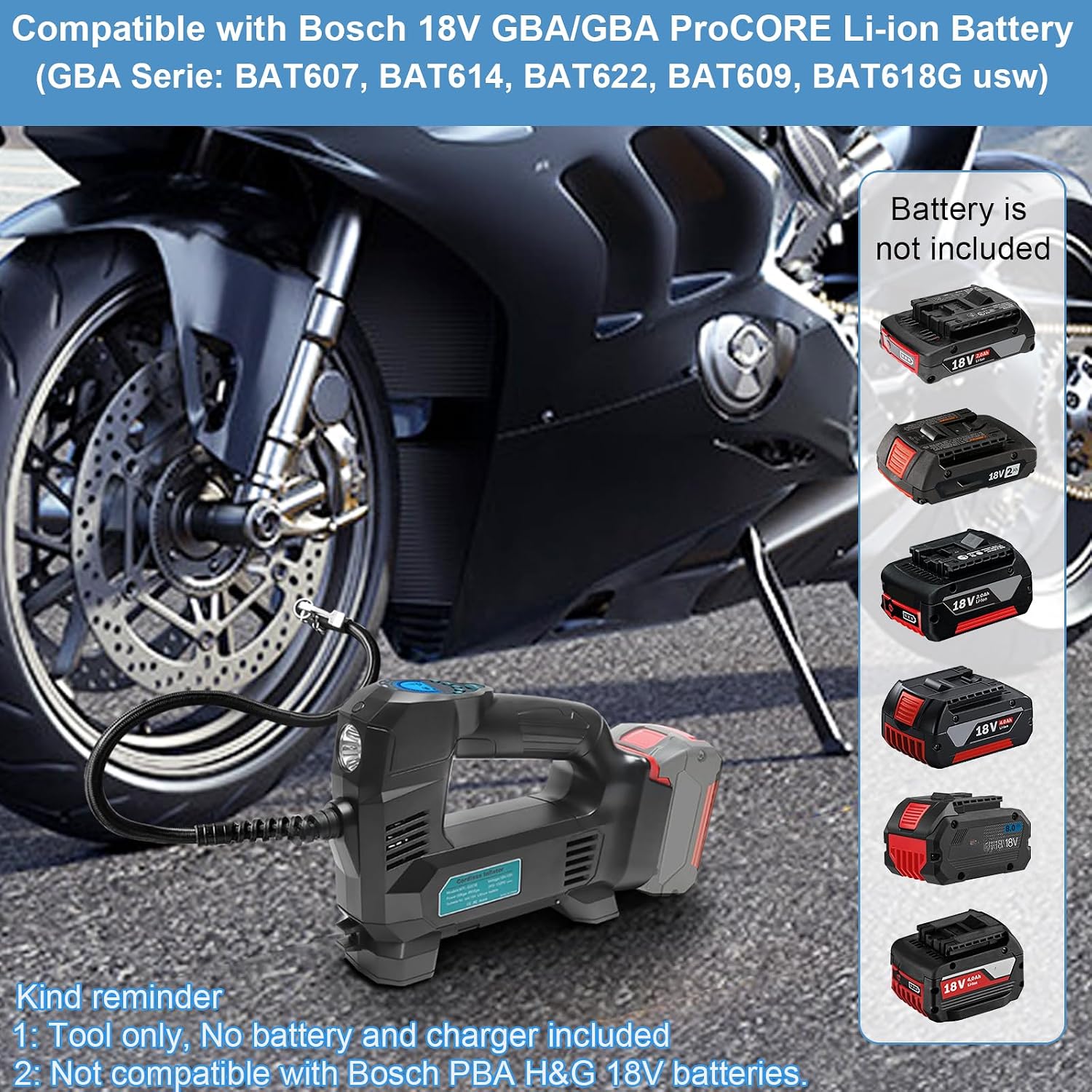 Detalle de Powarobor Akku-Luftpumpe kompatibel mit Bosch 18V GBA – 10,3 bar Kompressor, LED, Auto-Stopp, inkl. Düsen