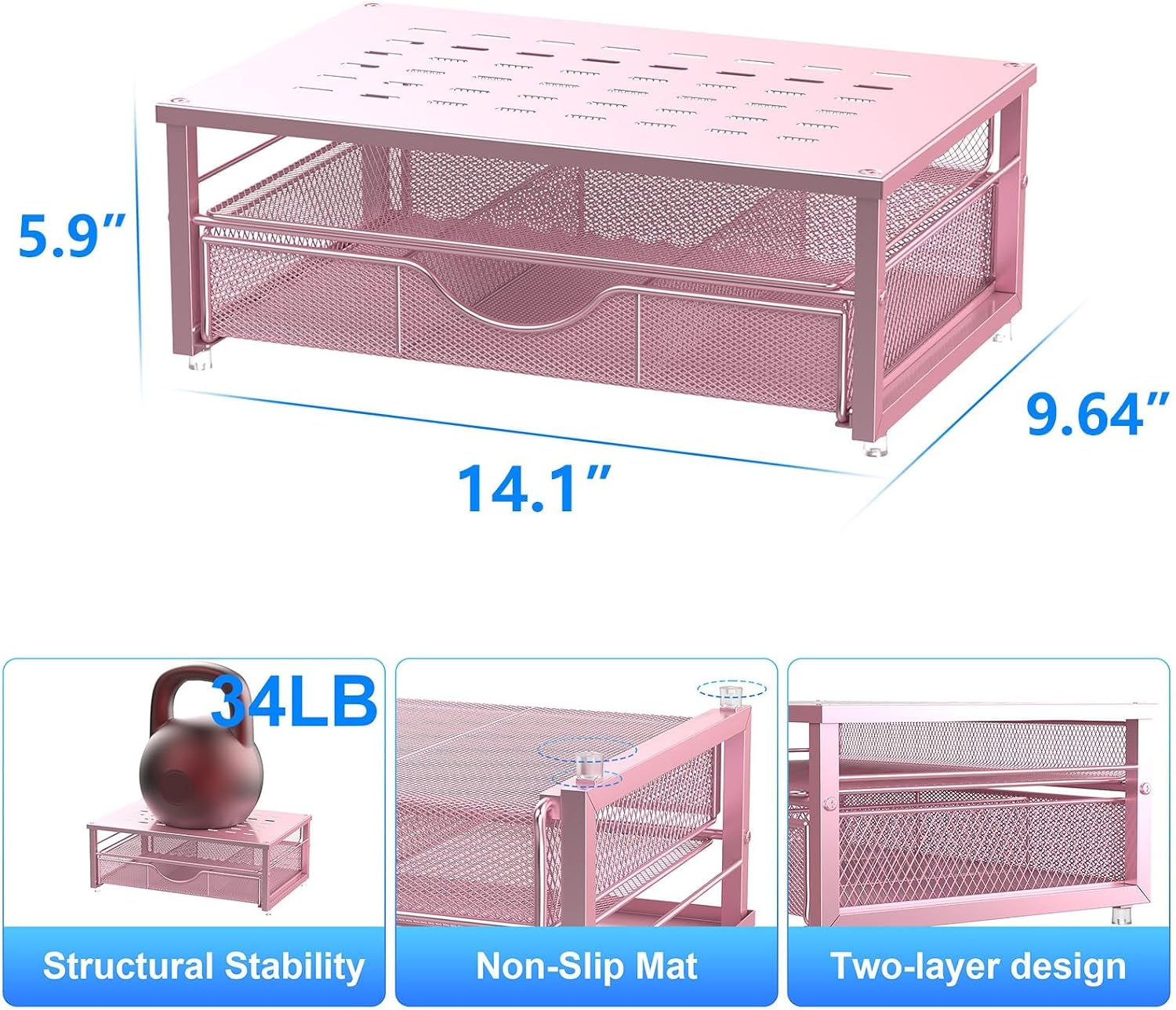 Thumbnail 3 de Pygocereri Monitor Stand Riser with Drawer (Pink) – Desk Organiser & Ventilated Steel, for Monitors, Laptops and Printers