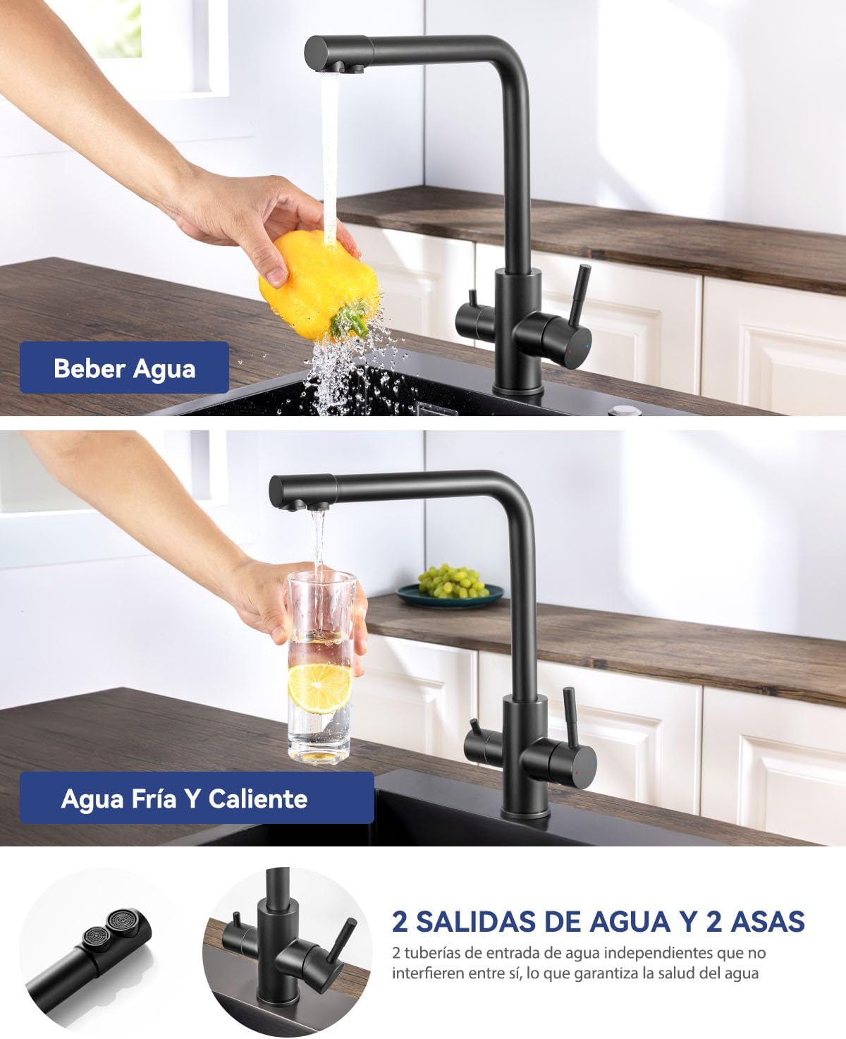 Detalle 2 de Sofetiy Grifo Cocina 3 Vías Nero 360° 320 mm