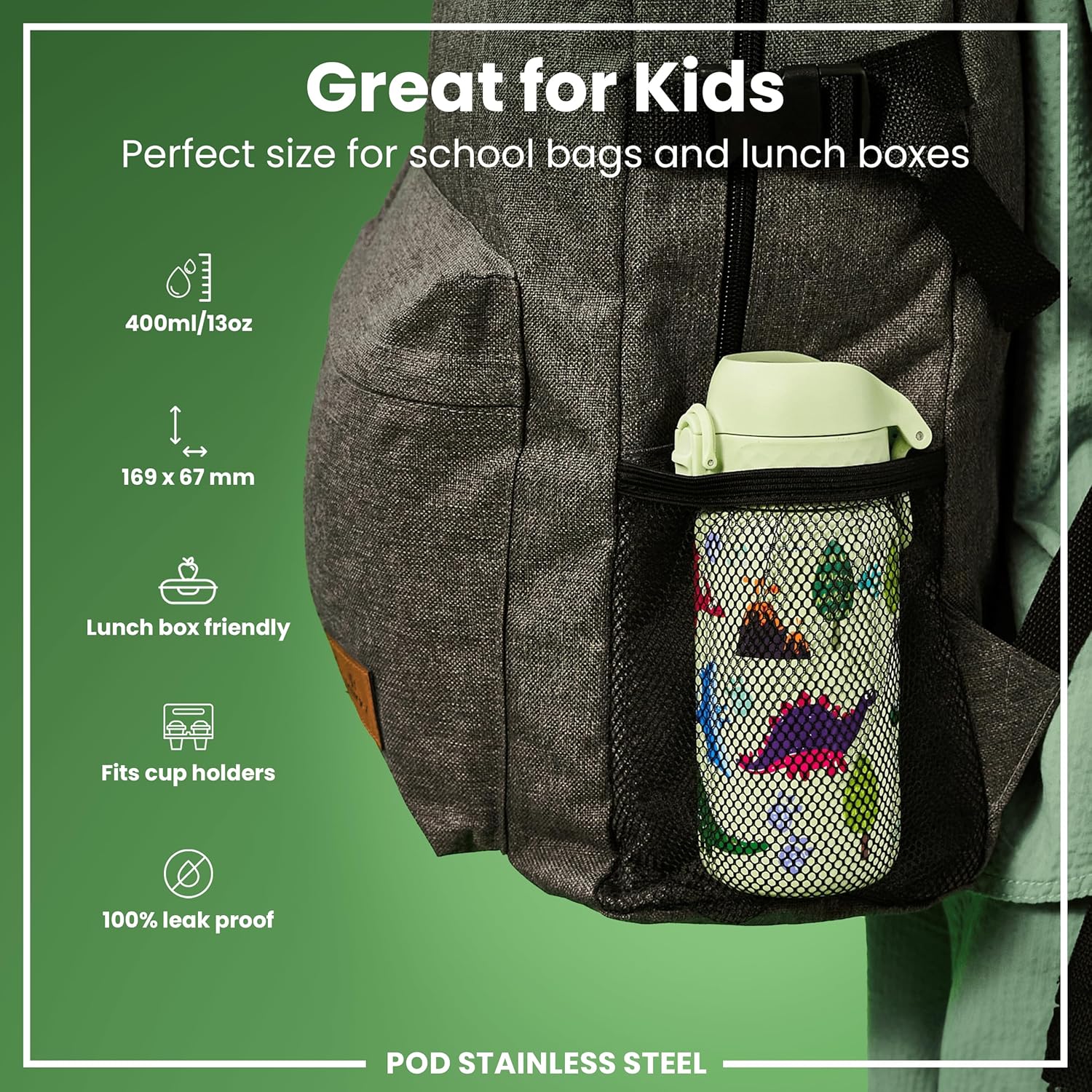 Thumbnail 1 de Ion8 Small Water Bottle (Green, Dinosaurs) – Leak-Proof, Dishwasher-Safe and Easy to Open