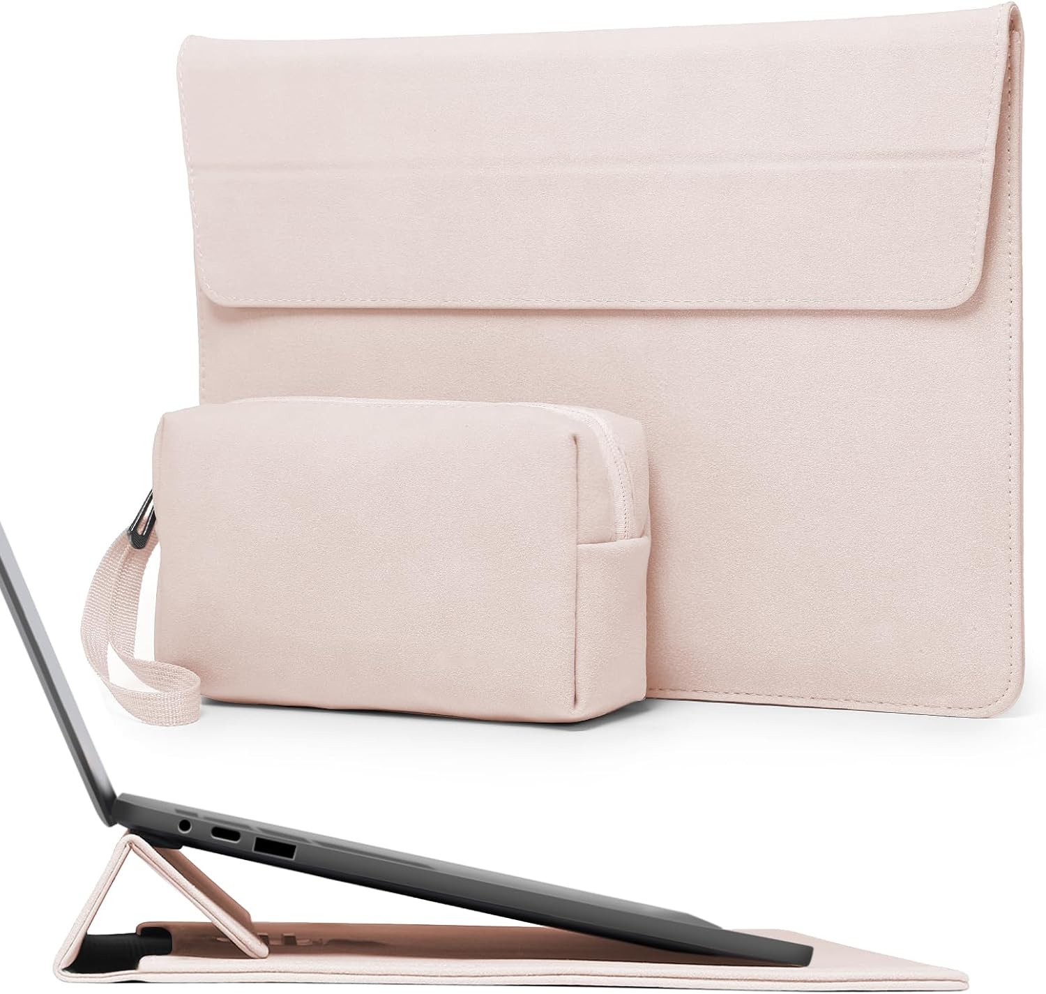Detalle de HYZUO 13 Zoll Laptop-Hülle mit Dreifach-Ständer, Magnetverschluss und Stauraum (Aprikose)