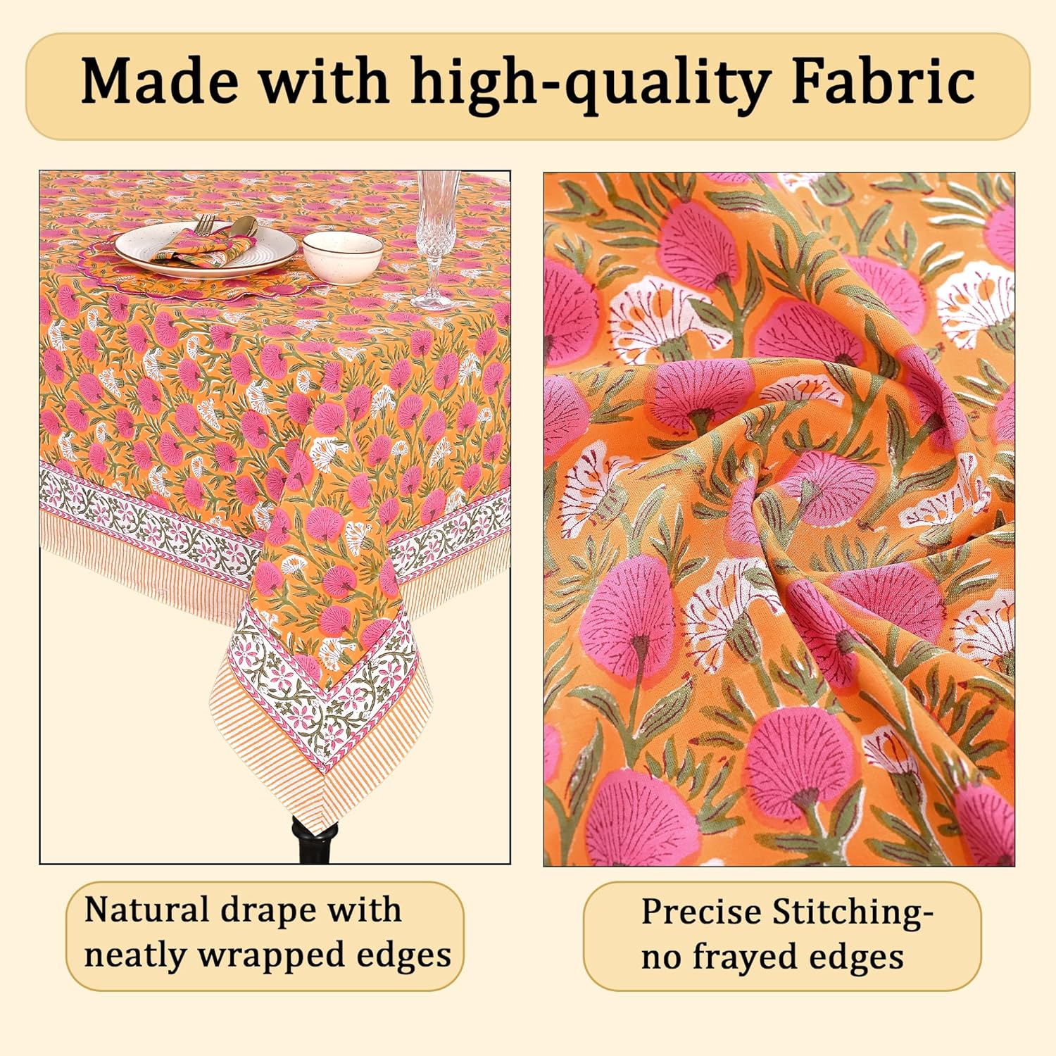 Detalle de Ridhi Bubblegum Pink Hand Block Print Cotton Rectangle Tablecloth — 108" x 70