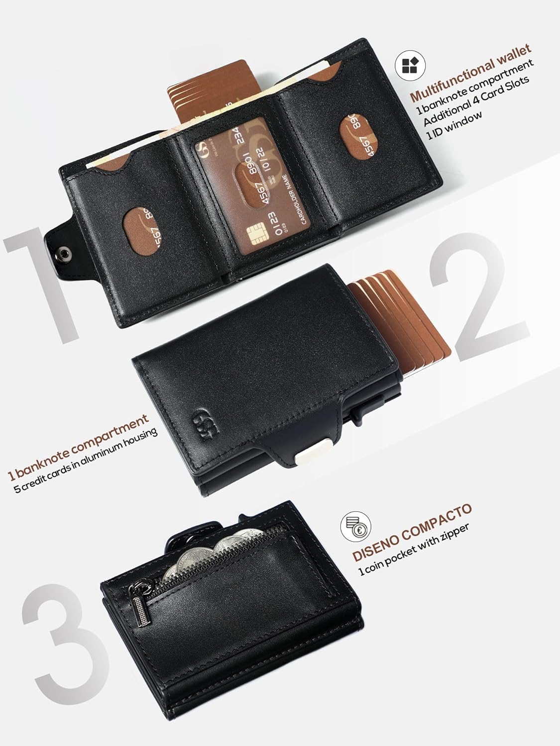 Detalle de GSG SINCE 1998 Leather RFID Blocking Pop Up Card Holder Slim Wallet