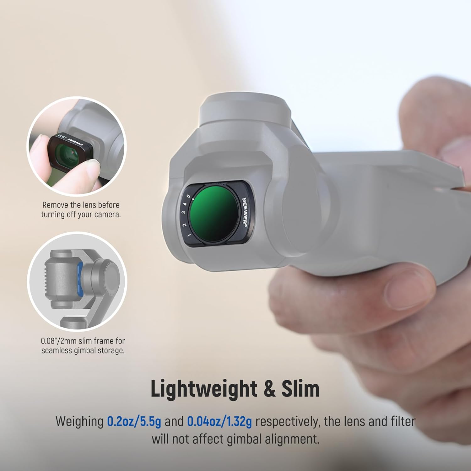 Thumbnail 6 de NEEWER Magnetic ND Filter Set for DJI Osmo Pocket 4 & 3 Creator Combo (ND2-32 Variable, CPL, 1/4 Black Diffusion + 0.72x Wide Lens)