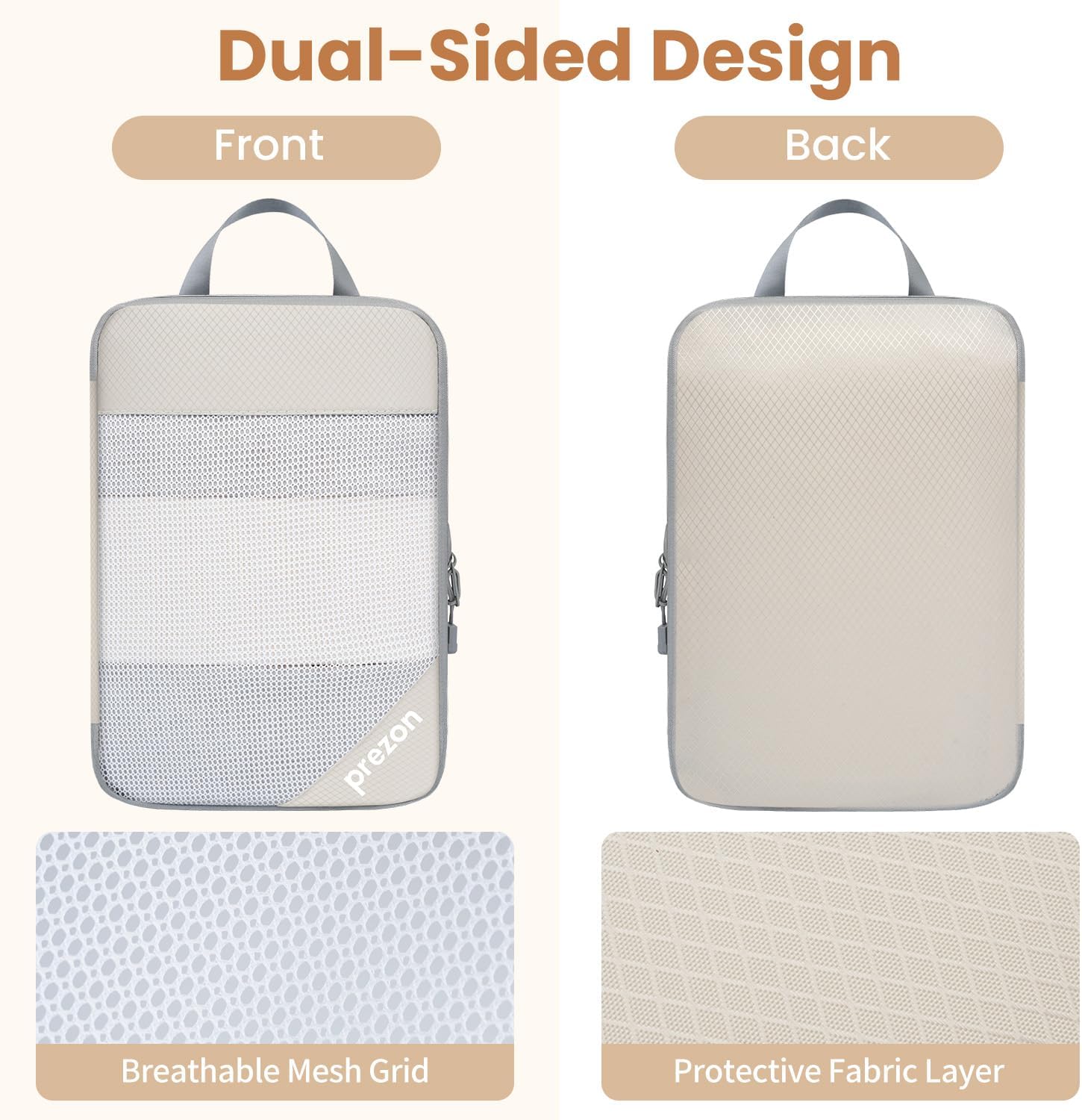 Detalle de Prezon 6er Set Kompressions-Packwürfel (transparentes Design) – beige, platzsparender Gepäck-Organizer