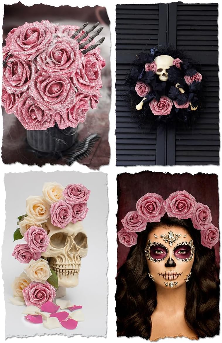 Thumbnail 6 de N&T NIETING Artificial Glitter Roses (Pink), 25pc DIY fake flowers with bendable stems
