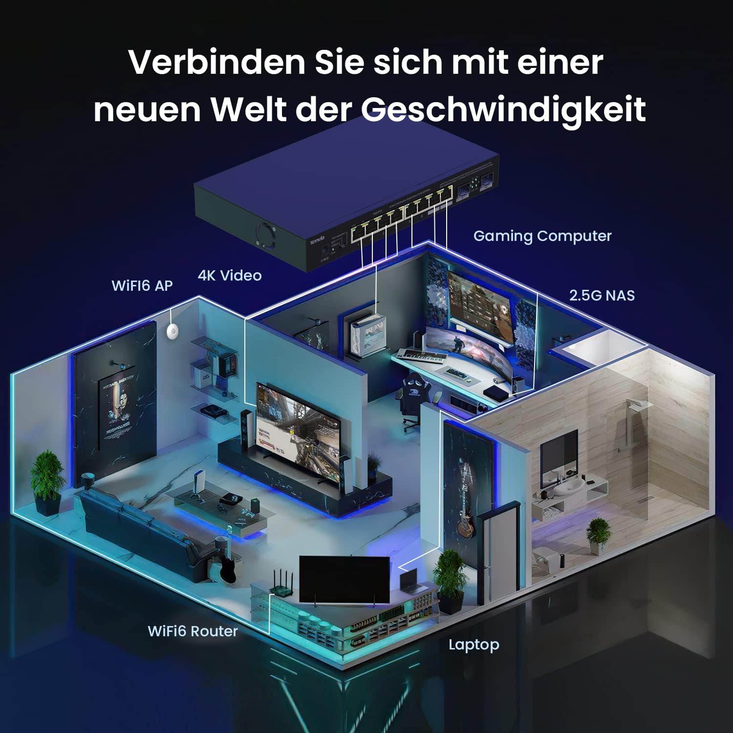 Detalle de Tenda TEM2010F: 8-Port 2,5 Gbit Unmanaged Switch mit 2 SFP-Ports – VLAN, Statische Aggregation, Plug & Play