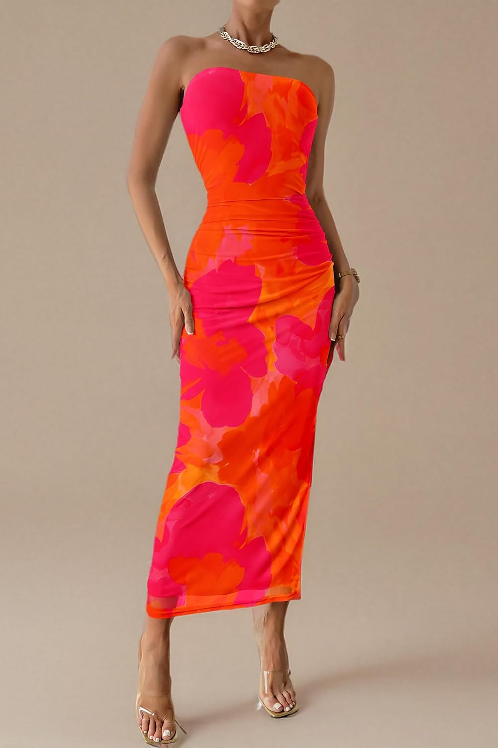 Thumbnail 6 de PRETTYGARDEN Strapless Floral Mesh Maxi Bodycon Dress for Wedding Guests