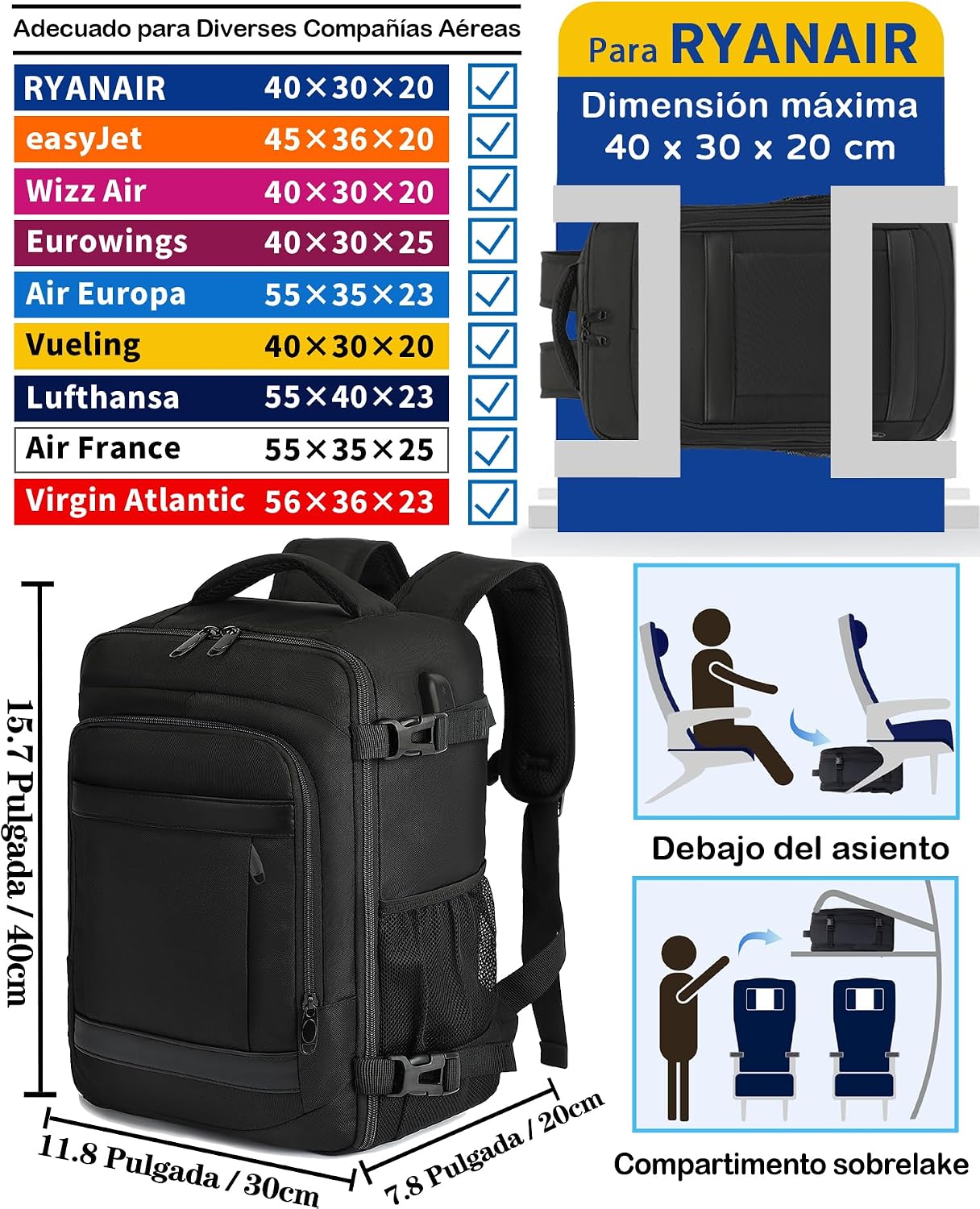 Detalle de KLOSTAIN mochila cabina 40x30x20 24L