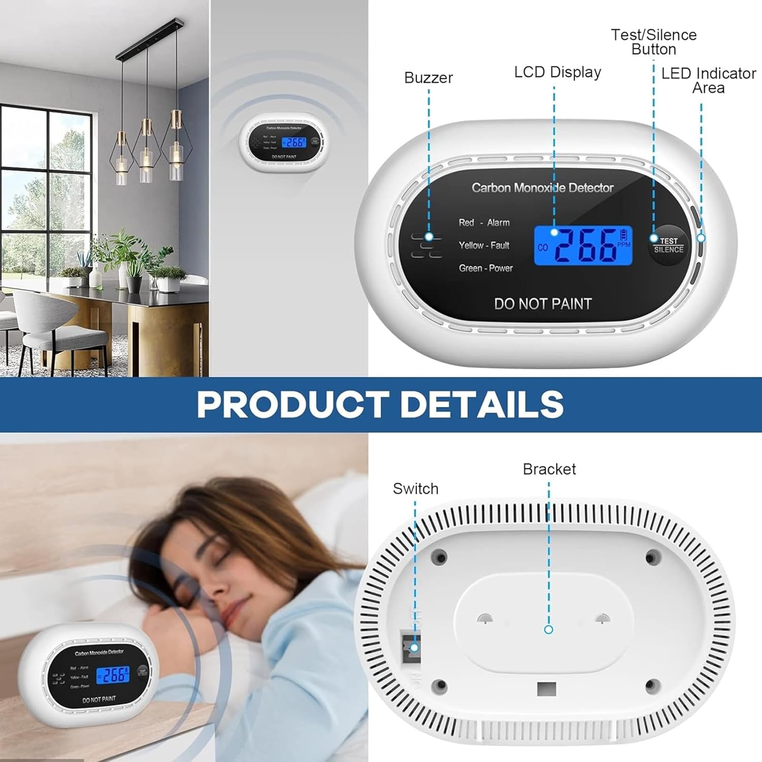 Thumbnail 5 de Carbon Monoxide Detector with LCD Digital Display (CE Certified, Sealed 10 Year Battery) – Black, 2 Pack