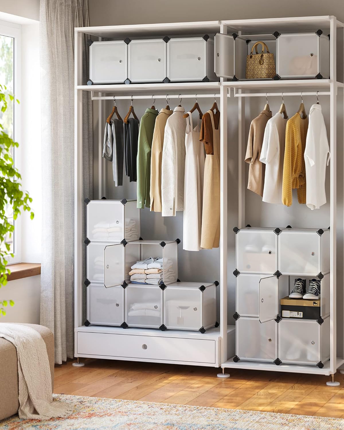 Detalle de SONGMICS Regalsystem: Schuhregal-Set aus 16 Würfeln, Kleiderschrank aus Kunststoff mit Türen – weiß (LPC44BS)