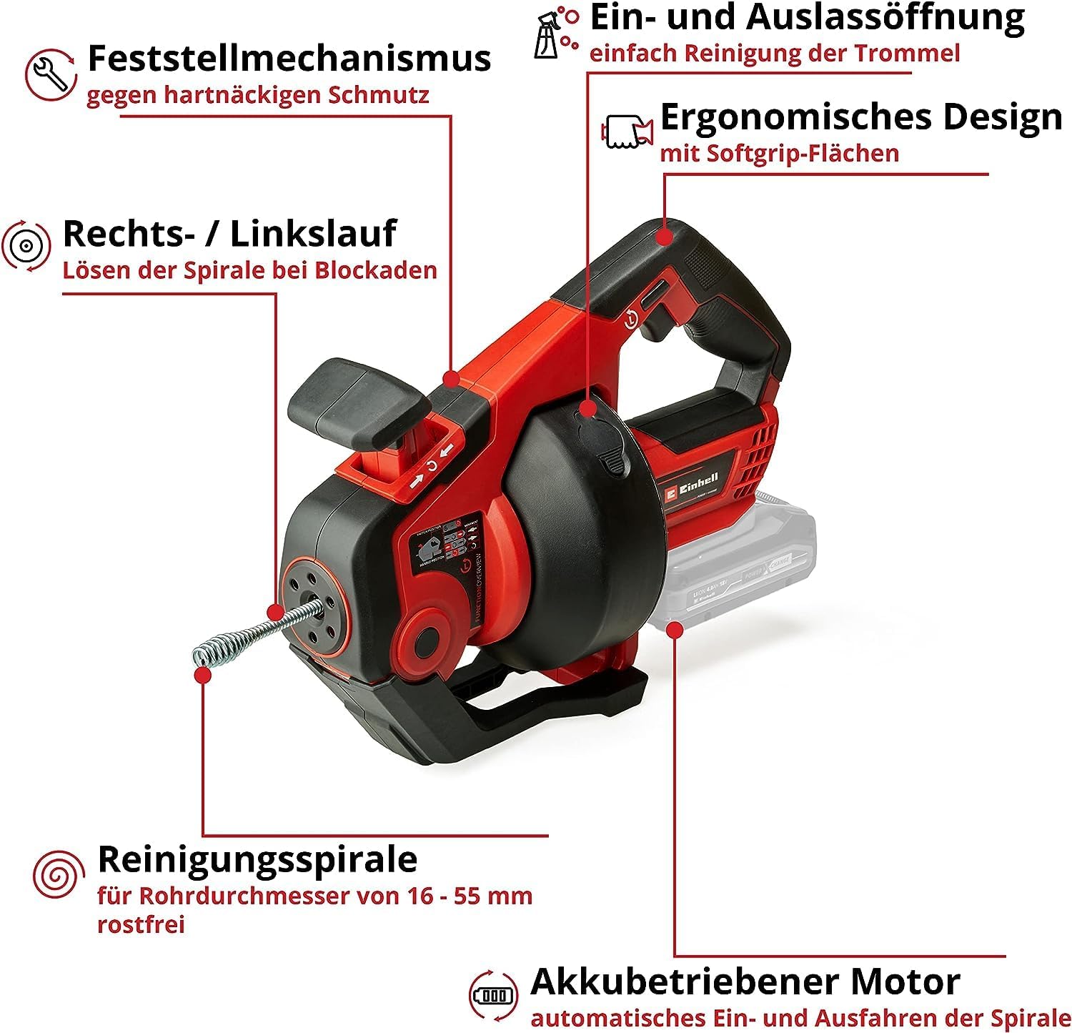 Thumbnail 2 de Einhell Akku-Rohrreiniger TE-DA 18/760 Li-Solo (Power X-Change) – 7,6 m Reinigungsspirale für Rohre 16–55 mm