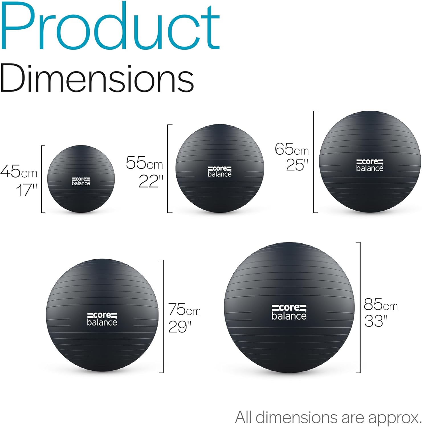 Detalle de Core Balance A-565745-EU Exercise Ball, Anti-Burst PVC, 55–85cm Sizes