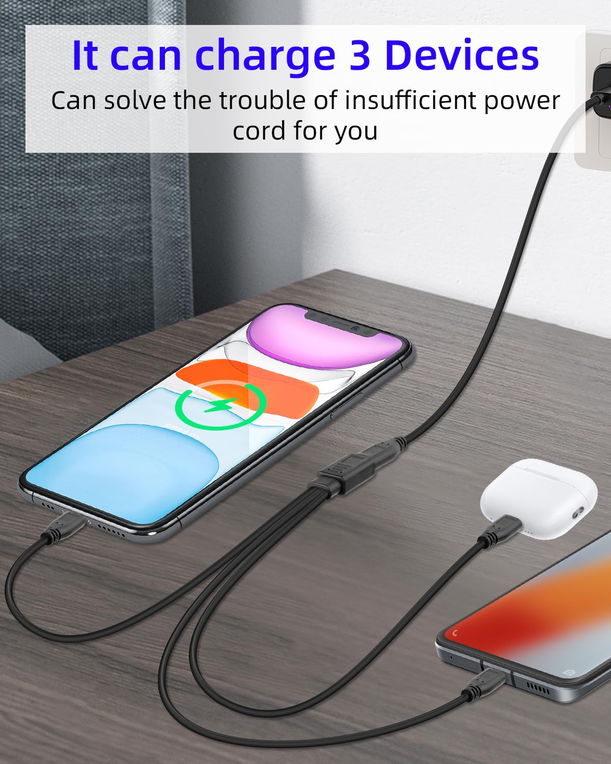 Thumbnail 1 de RIIEYOCA 3 in 1 USB C Cable: 3 Type-C Ports for Charging Only (1FT, 2 Pack)
