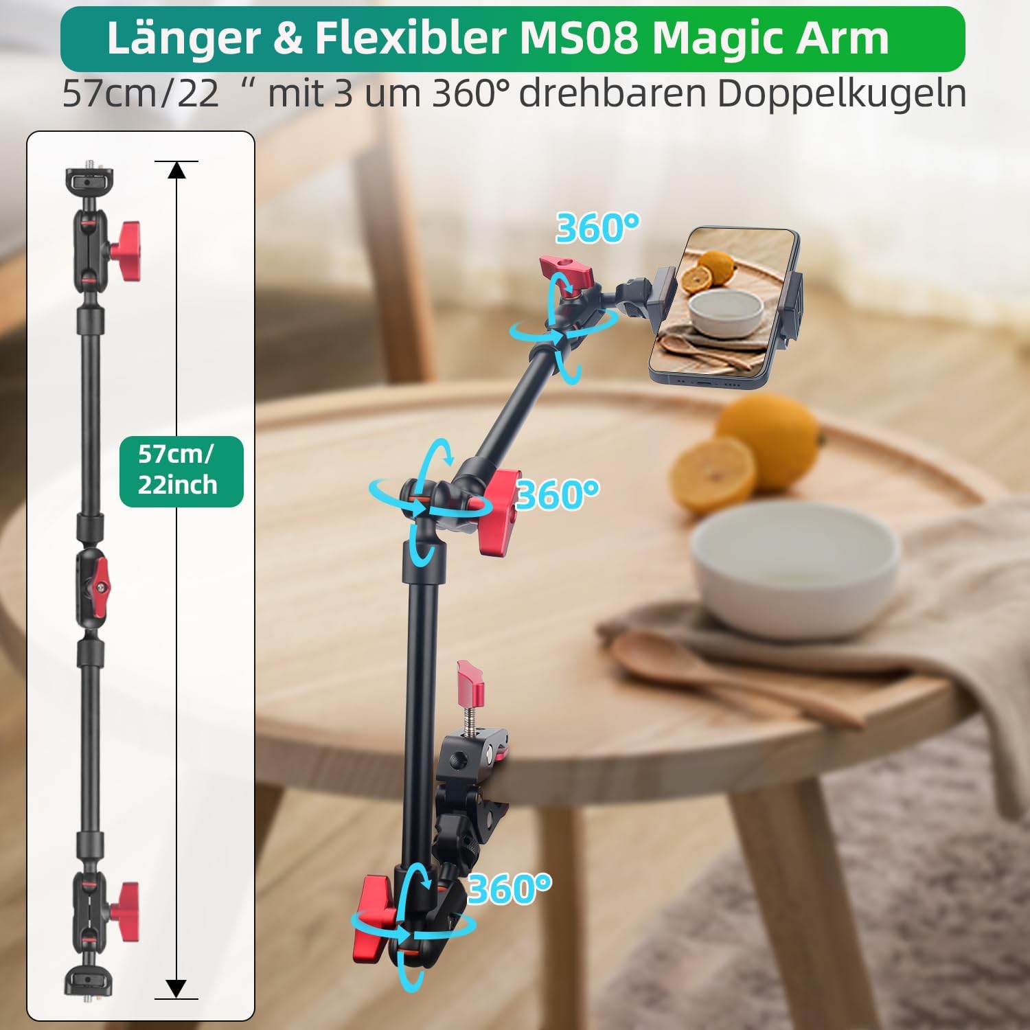 Thumbnail 1 de JEBUTU 56 cm Magic Arm mit Super Clamp, 360° flexibler Tischhalter mit 1/4"-Gewinde – schwarz/rot