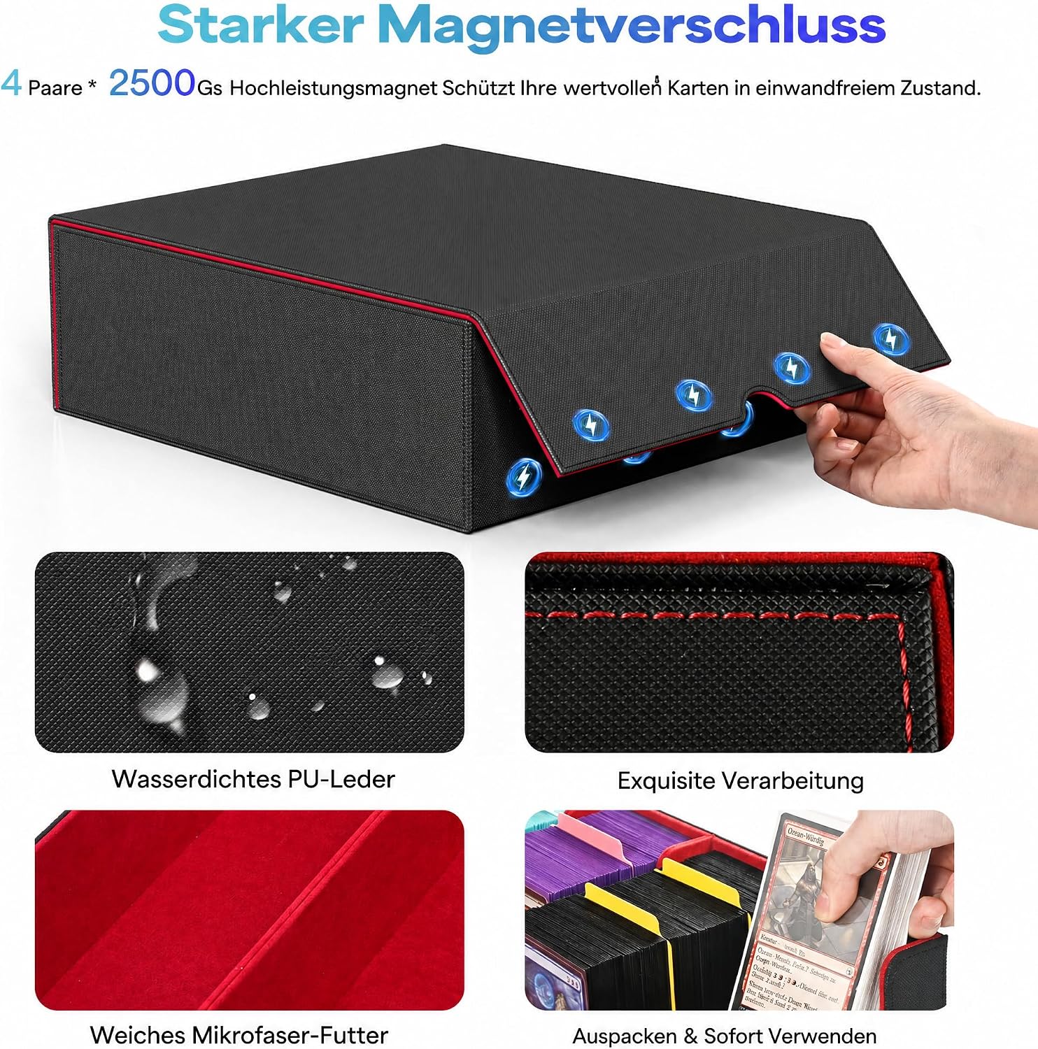 Detalle de UAONO Kartenaufbewahrungsbox für Trading Cards – 2400+ MTG Commander Deck Box mit 24 bunten Trennern (schwarz & rot)