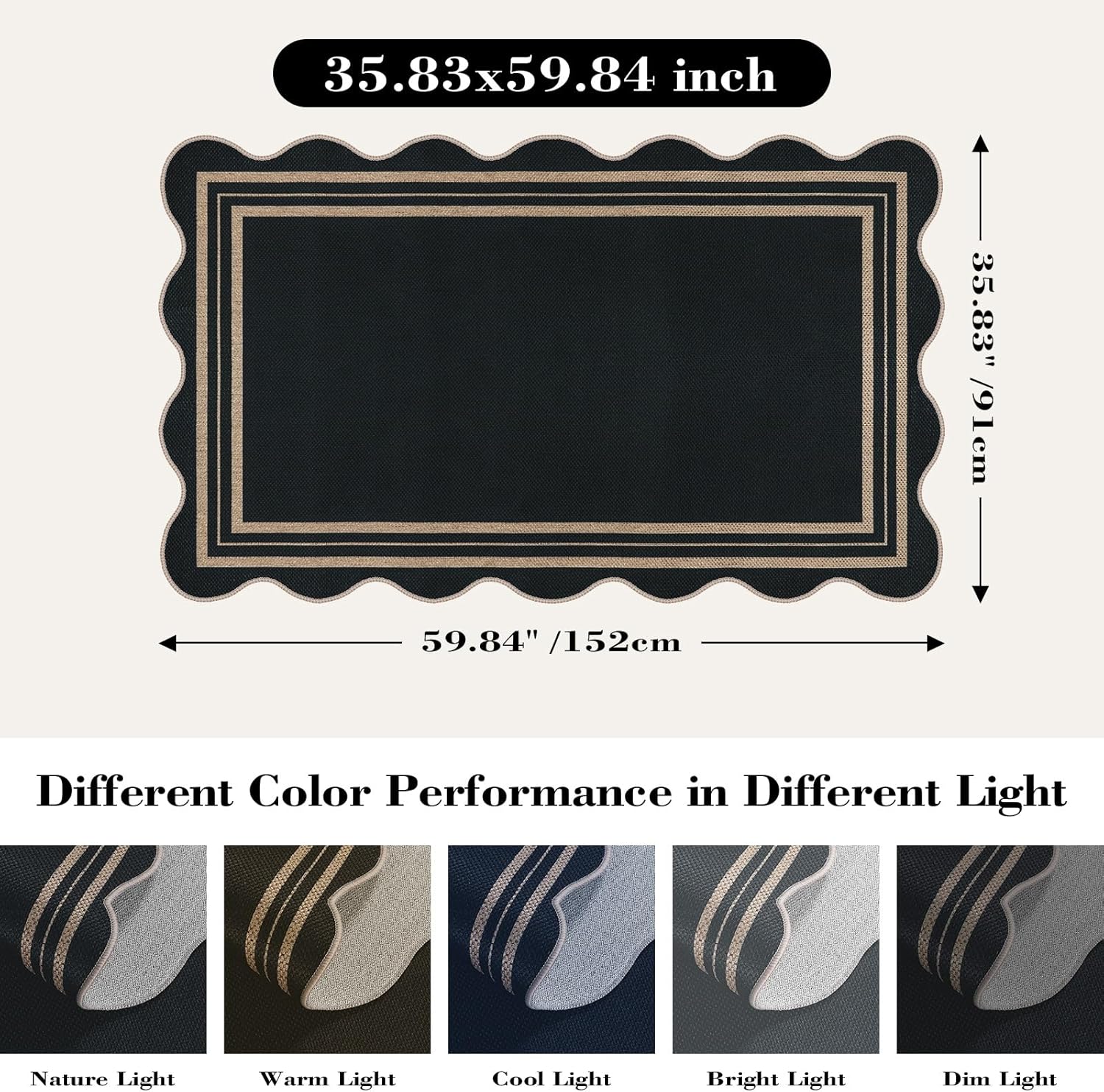 Thumbnail 1 de LORWER Scalloped Easy Jute 3x5 Outdoor Rug (Black Charcoal) — Washable Non-Slip Entryway Door Mat