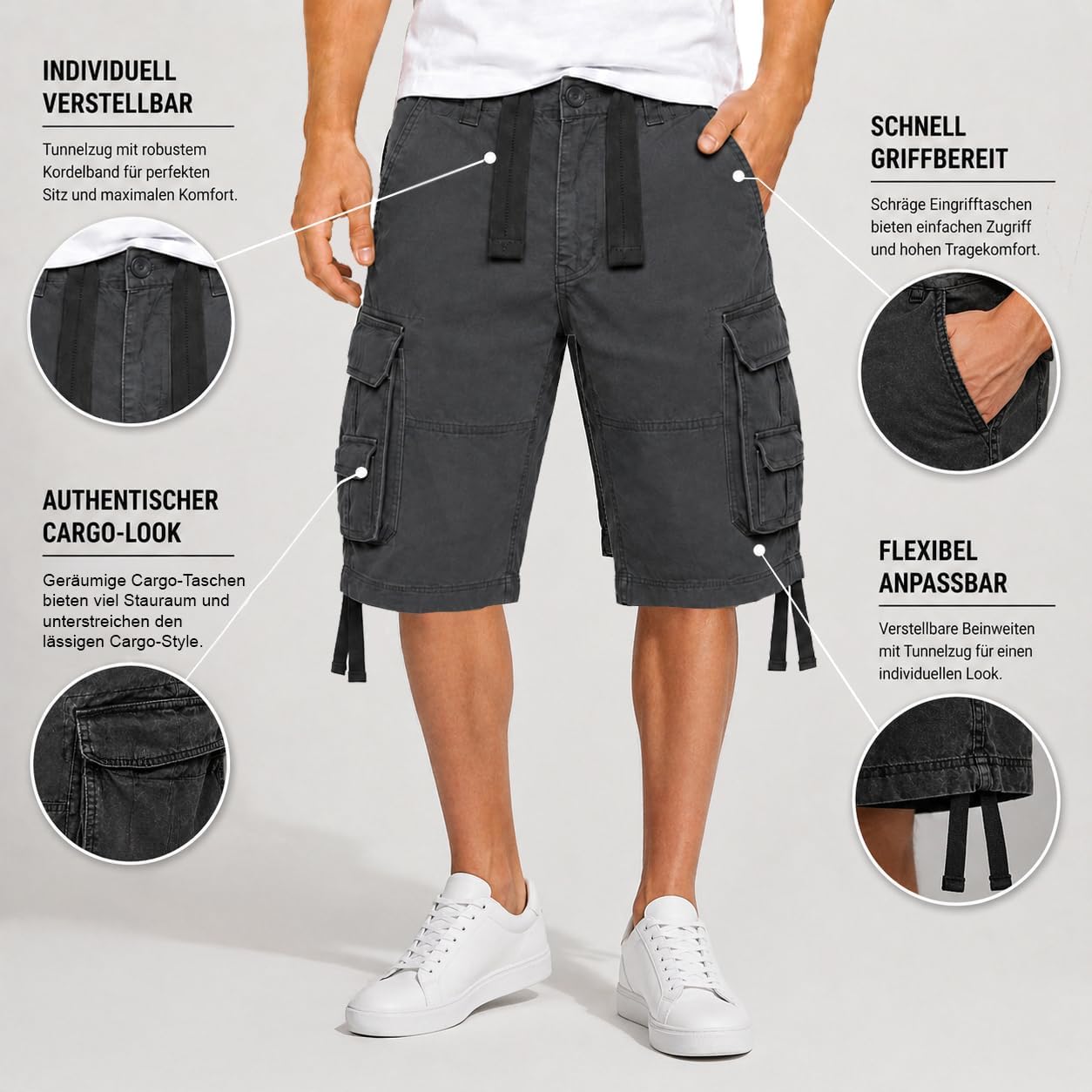 Detalle de Brandit Basic Vintage Herren Cargo Short – robuste Freizeit-Cargo-Shorts im Vintage-Look
