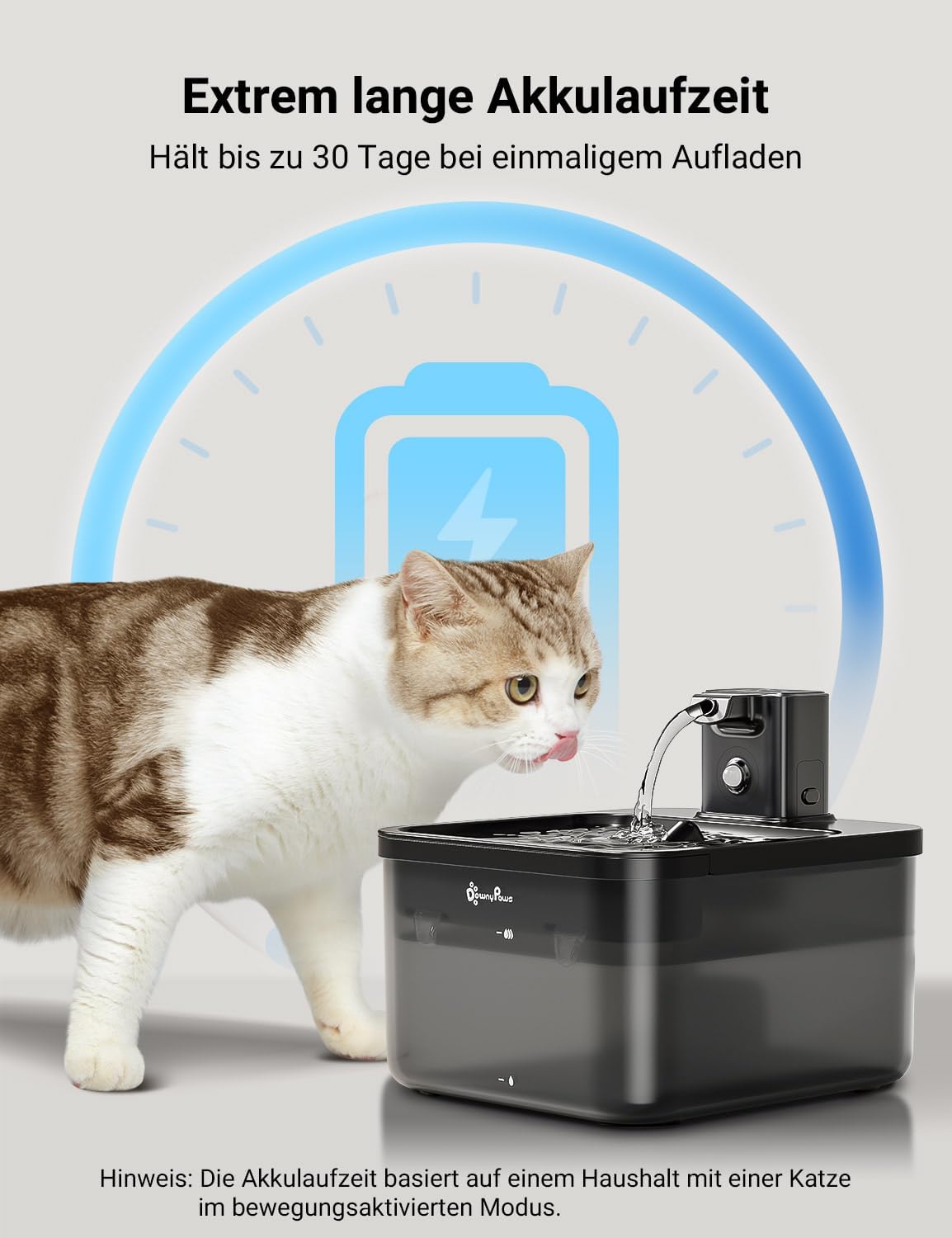 Detalle 2 de DownyPaws Katzenbrunnen Kabellos – 2,5 L batteriebetrieben, Bewegungsmelder und leiser Trinkbrunnen für Katzen